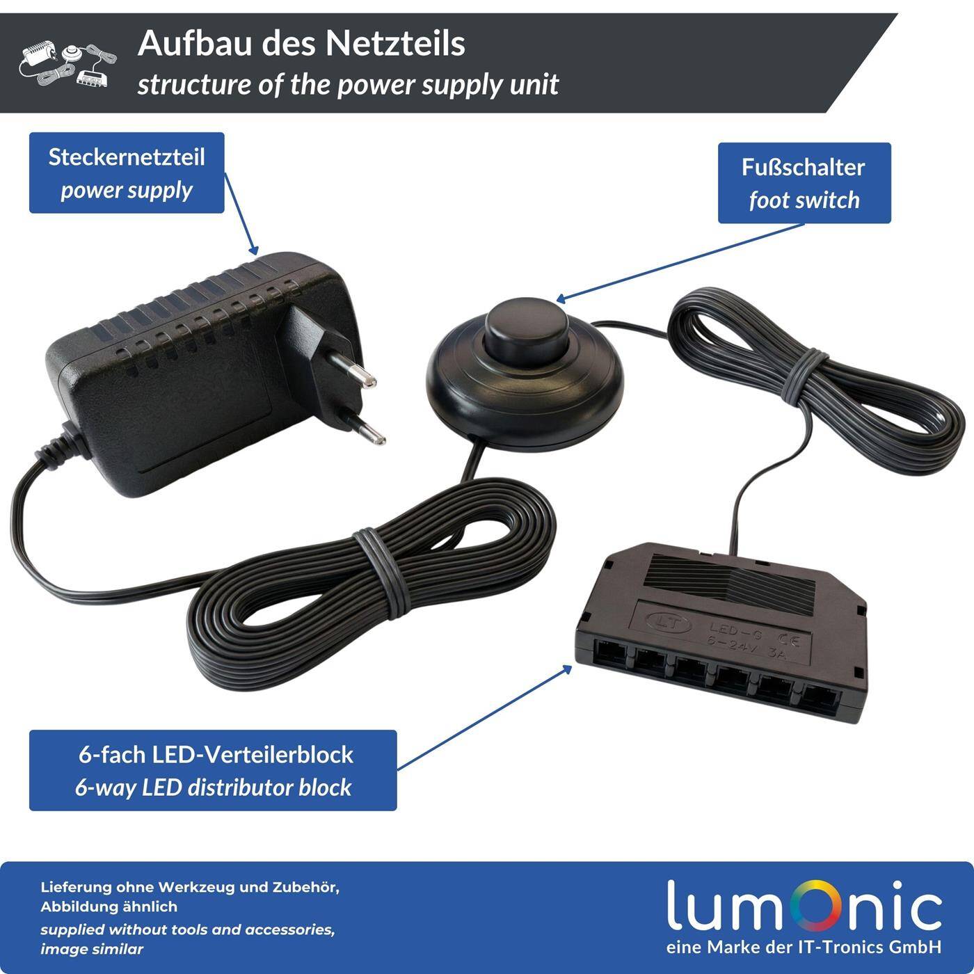 Lumonic LED Netzteil Glaskantenbeleuchtung 12V 18W mit Fußschalter & 6-fach Verteiler | 340cm | Plug & Play | Trafo für Glasbodenbeleuchtung