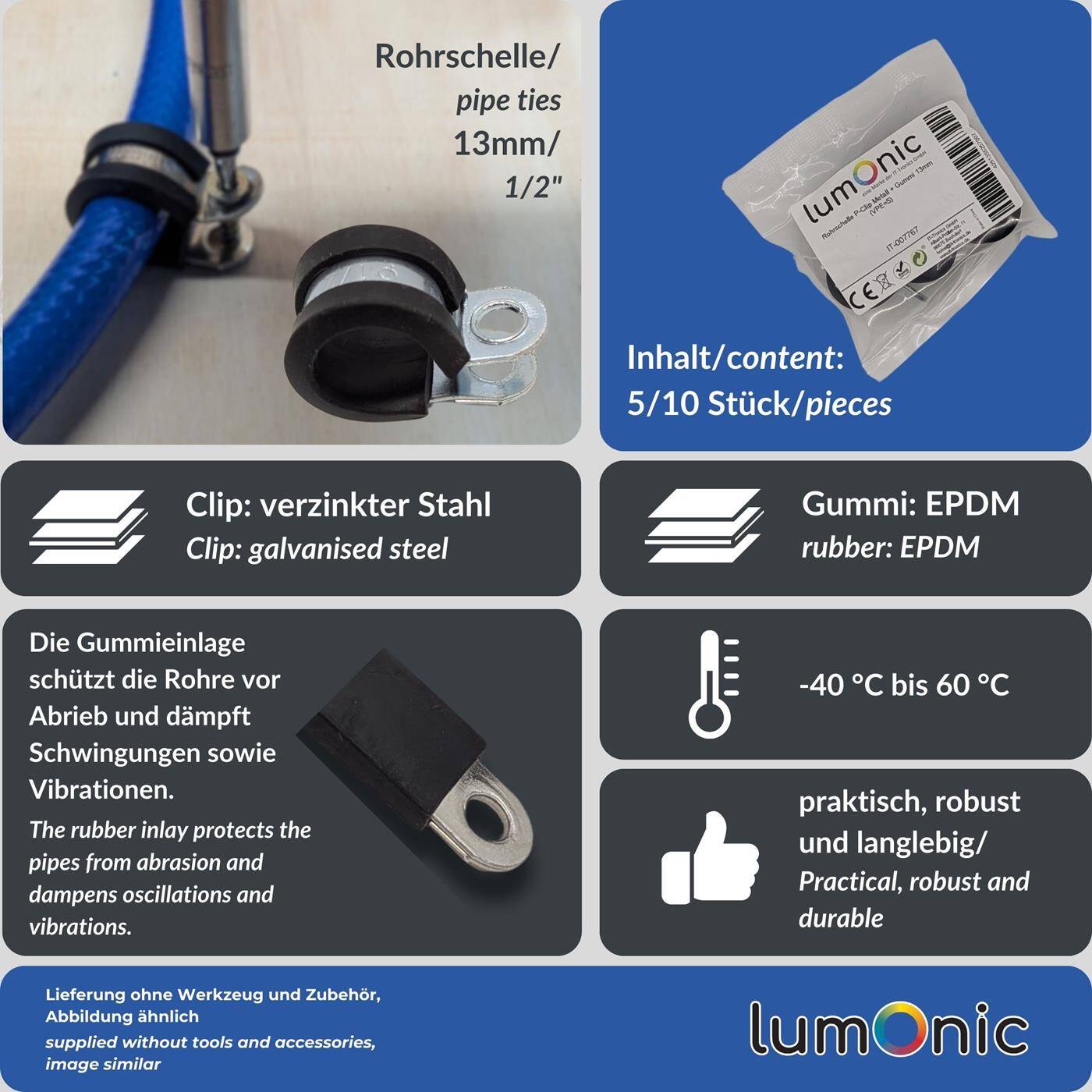 5x P-Clip Leitungsschelle mit Gummi 13mm Rohrschelle Befestigungsschelle
