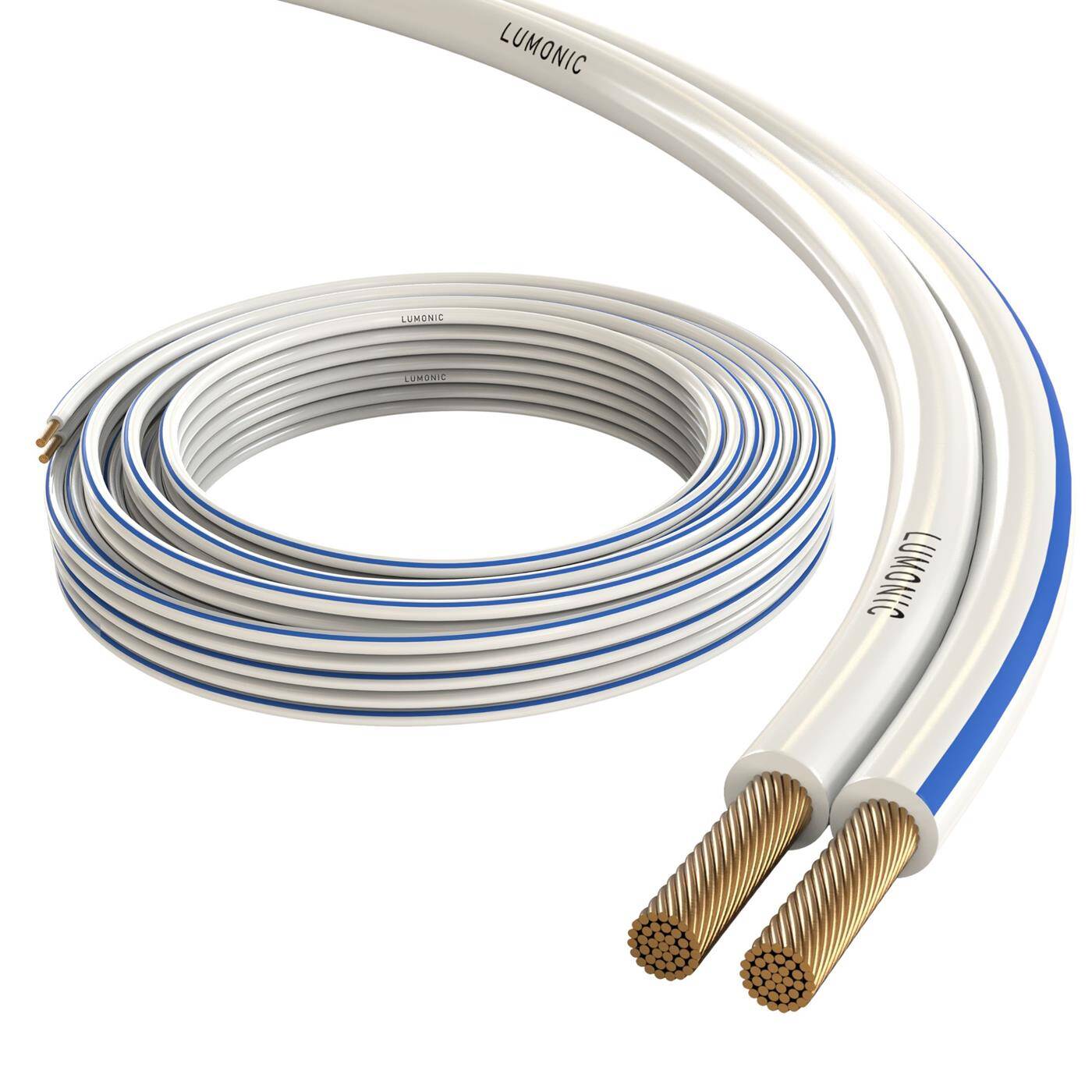 Lumonic Speaker cables | 10m White | 2x 0,75mm² CCA | Blue marking HiFi speaker cable | Audio twin line