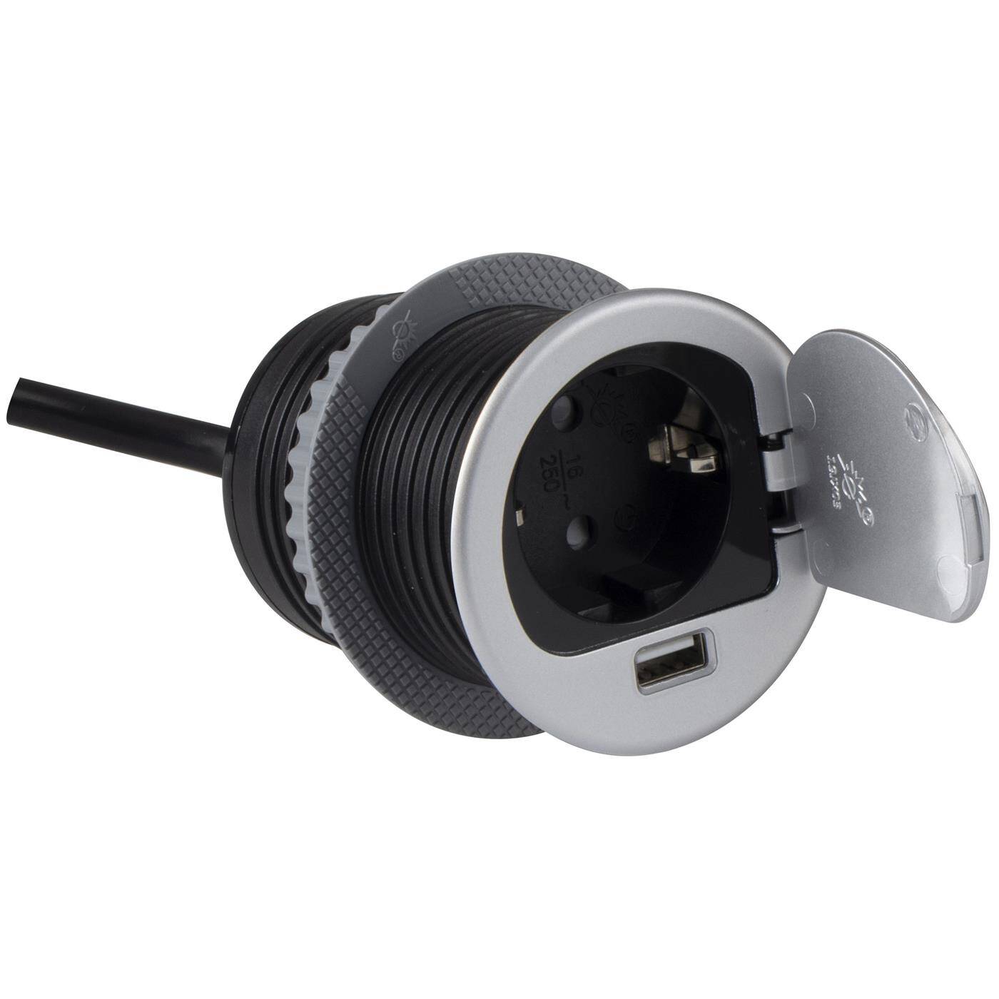 SingleBox Protective contact Socket outlet + USB 2,4A Table socket outlet Drill hole 68mm Aluminium