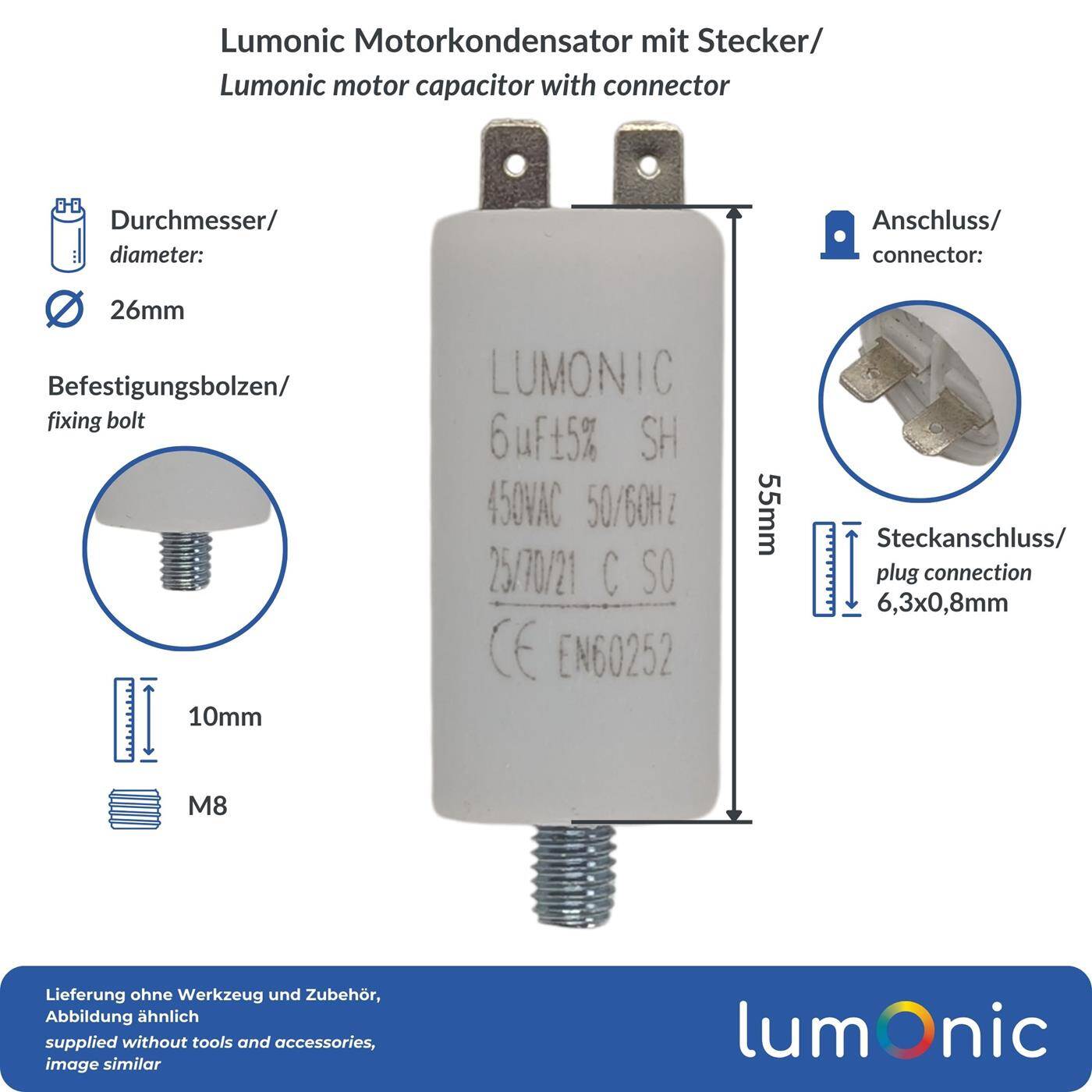 Lumonic Anlaufkondensator 6µF 450V | mit Stecker I 26x55mm I 6uF I Motorkondensator mit Kunststoffgehäuse I Betriebskondensator I für Pumpen, Rasenmäher, Werkzeuge