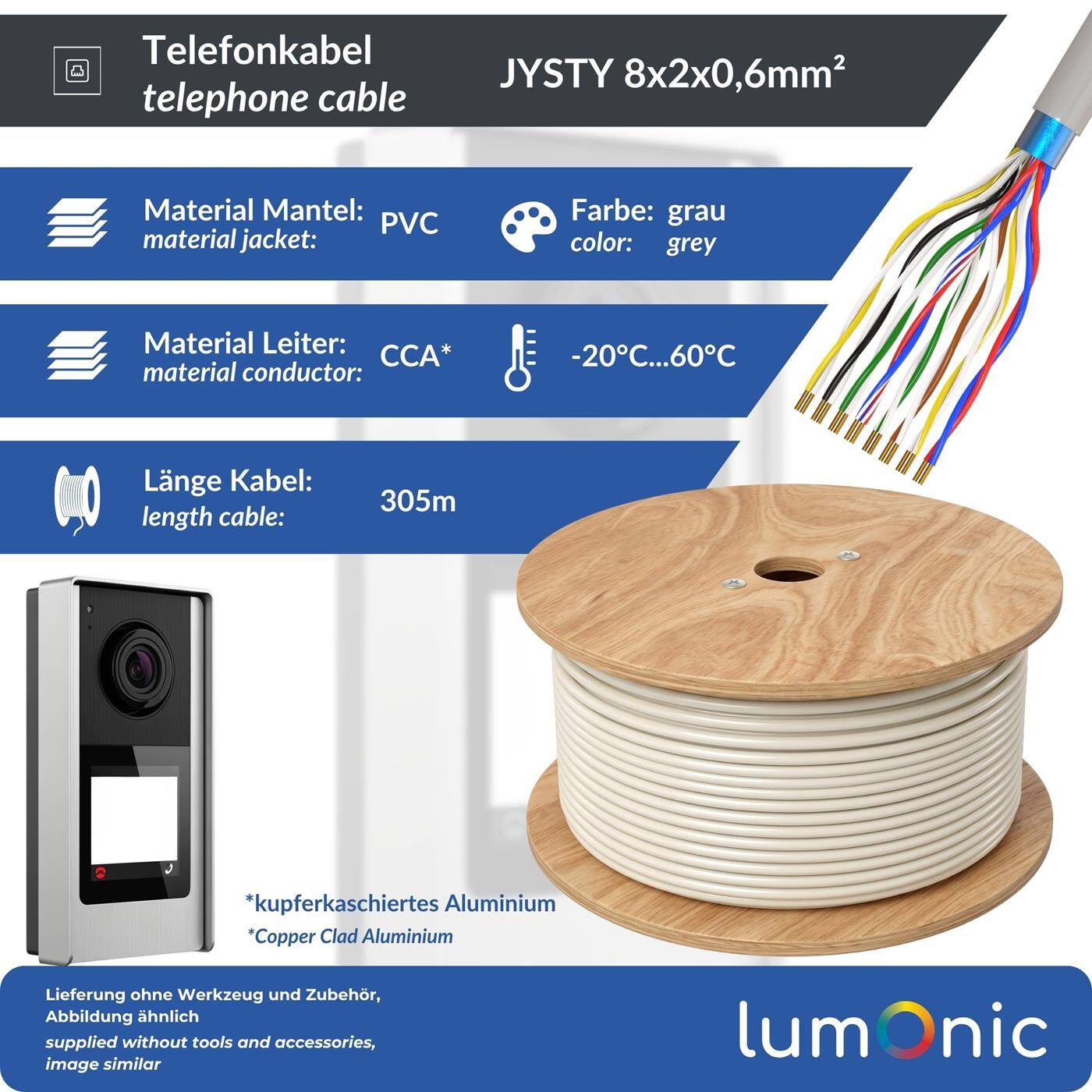 Lumonic Telefonkabel JYSTY grau auf Holzrolle | 8x2x0,6mm CCA | 305m | farbcodiert & geschirmt | Metermarkierung | Fernmeldekabel, Telefonanschlusskabel