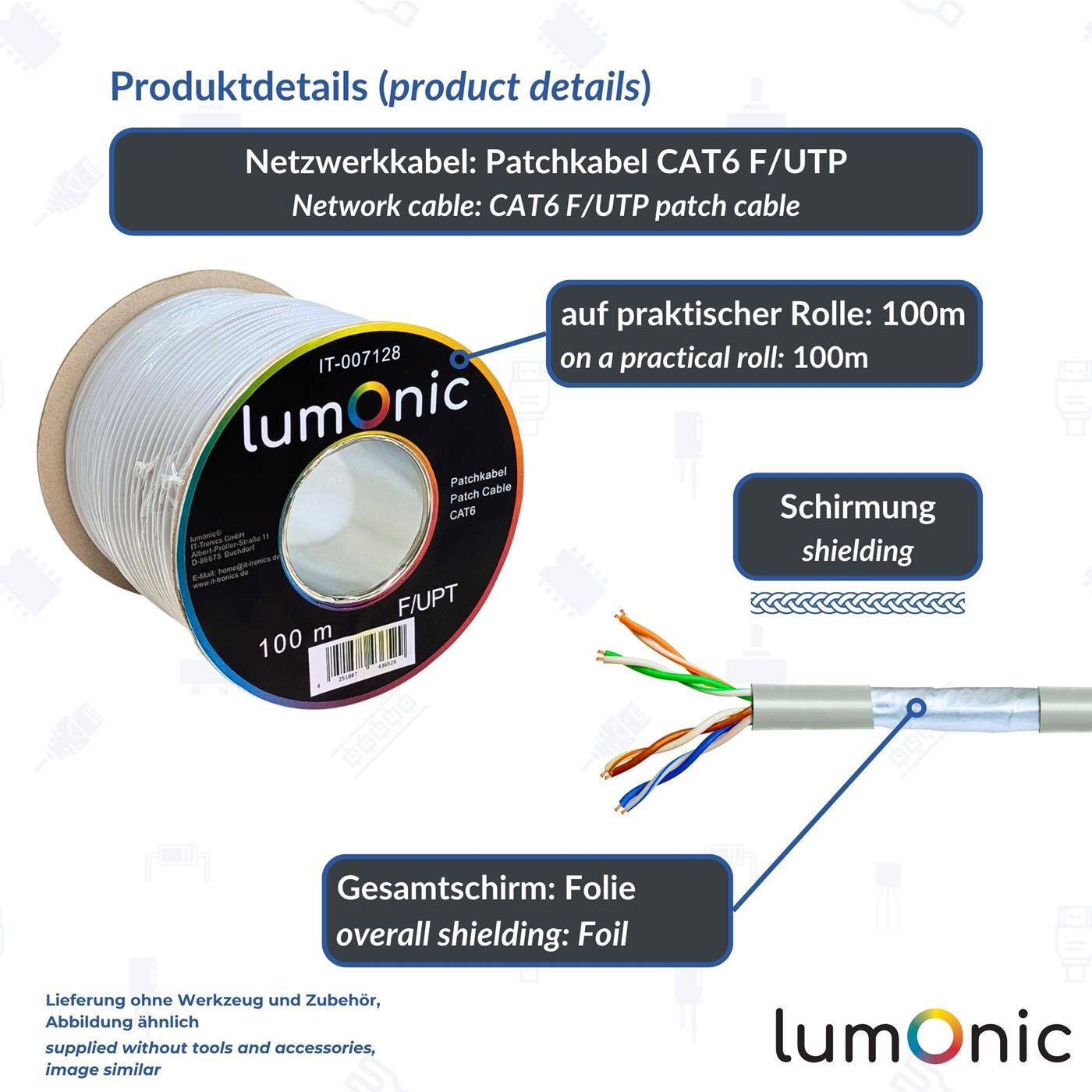 Lumonic 100m Netzwerkkabel CAT 6 F/UTP I Cat6-kabel, Gigabit Lan Kabel, Ethernet Kabel I Flexibles Patchkabel geschirmt, für den Innenbereich bis 250 MHz
