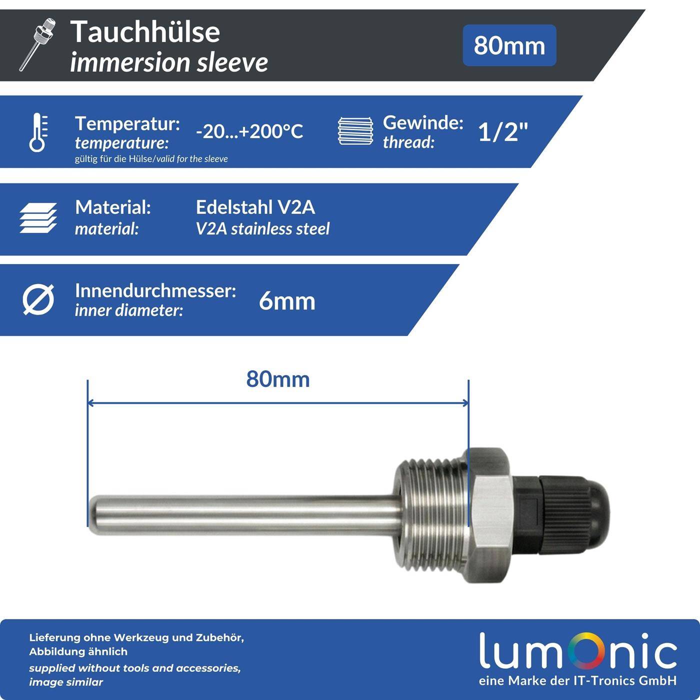 Immersion sleeve V2A stainless steel 1/2 inch 80mm for 6mm temperature sensor for solar heating buffer tank + Smart Home