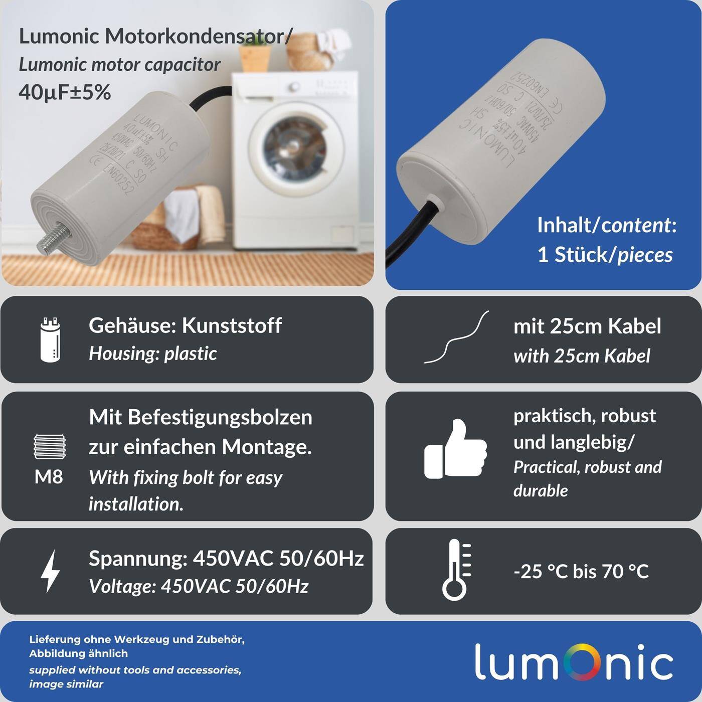 Lumonic Anlaufkondensator 40µF 450V | mit Kabel I 45x84mm I 40uF I Motorkondensator mit Kunststoffgehäuse I Betriebskondensator I für Pumpen, Rasenmäher, Werkzeuge