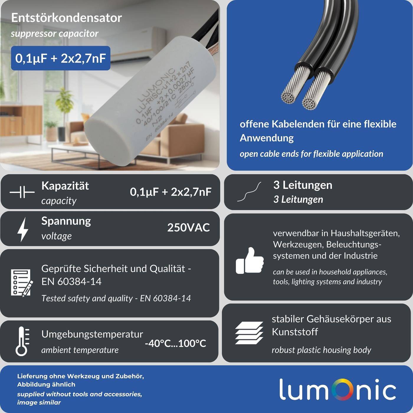 Interference suppression capacitor 0,1µF 2x2,7nF 250VAC 15x35mm -40...+100°C 3 Connection cable Radial 0,1uF EMC capacitor for household appliances, power tools, building technology, industrial applications, LED