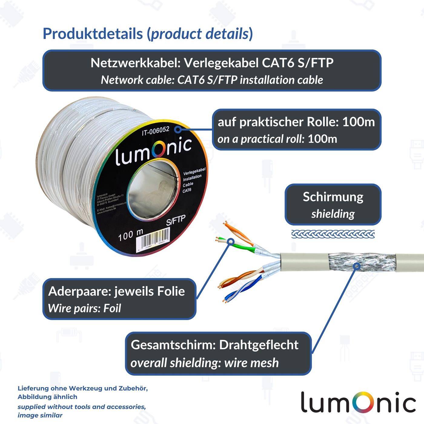 Lumonic 100m Netzwerkkabel CAT 6 S/FTP PIMF I Cat6-kabel, Gigabit Lan Kabel, Ethernet Kabel I Flexibles Verglegekabel geschirmt, für den Innenbereich bis 250 MHz