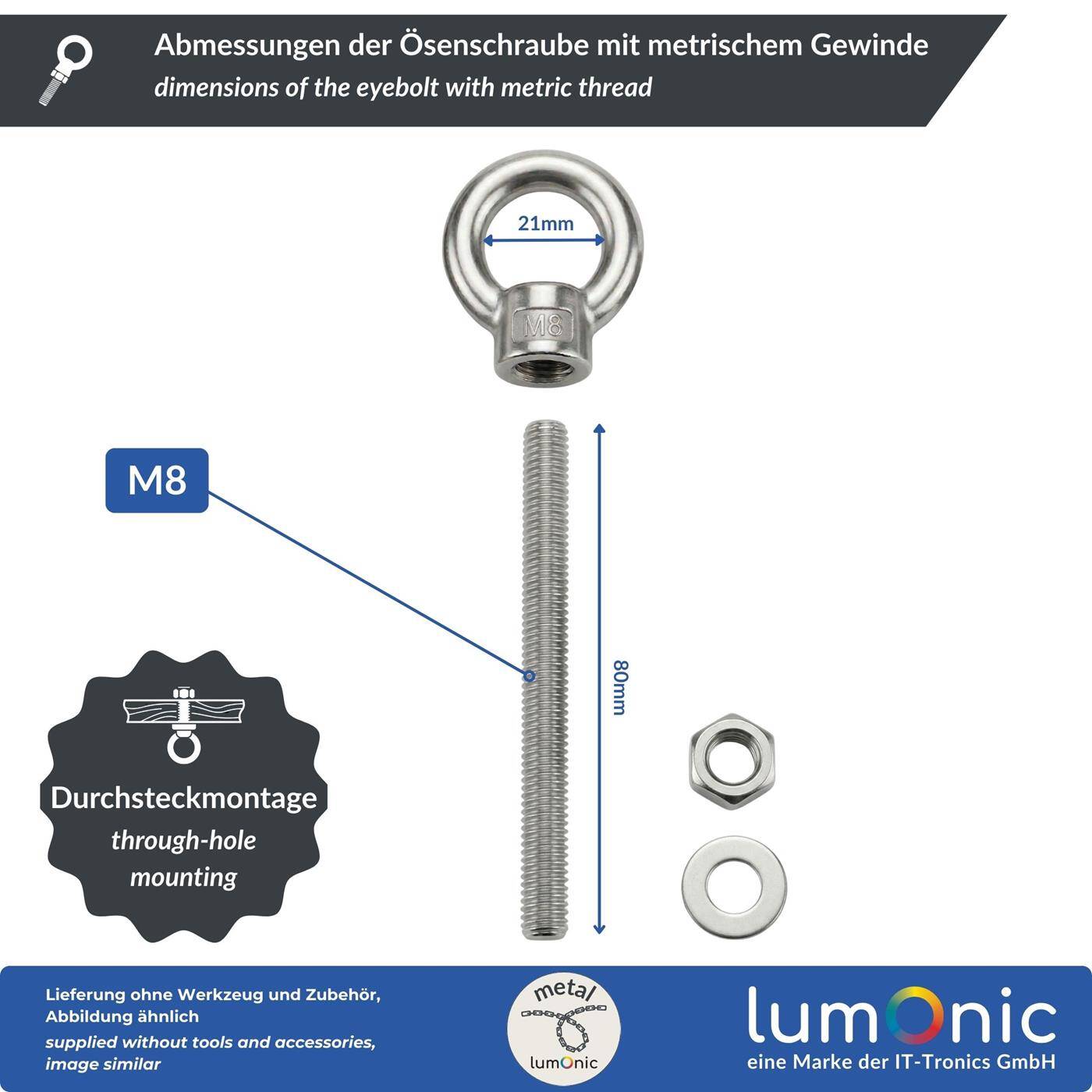 Lumonic Eye bolt V2A stainless steel incl. nut + washer | M8x80mm |  | Push-through mounting | Eyebolt for awning, hammock, swing + chains