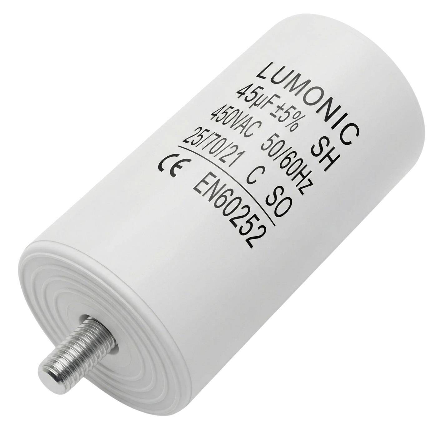 Lumonic Anlaufkondensator 45µF 450V | mit Stecker I 45x84mm I 45uF I Motorkondensator mit Kunststoffgehäuse I Betriebskondensator I für Pumpen, Rasenmäher, Werkzeuge