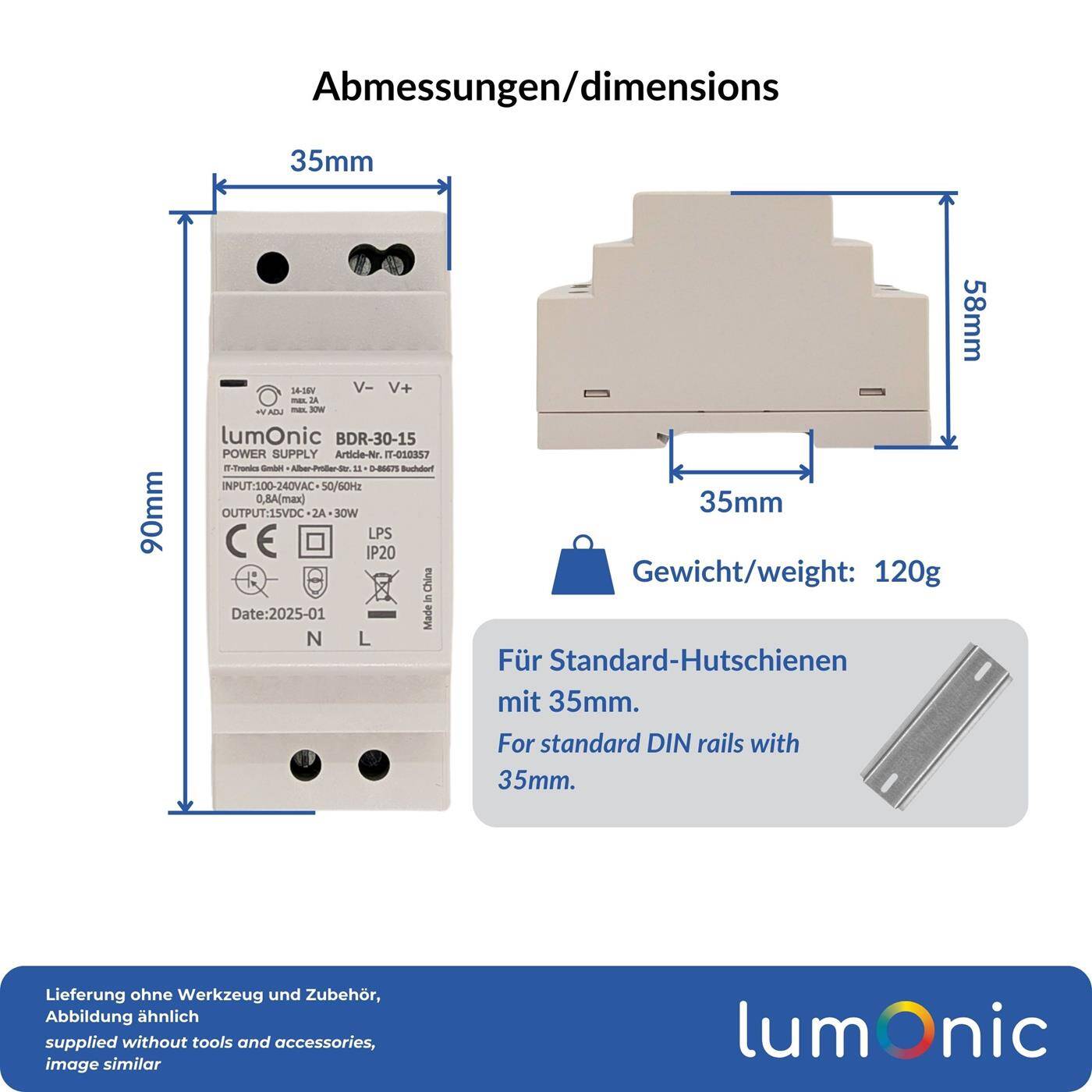 Lumonic I Netzteil Hutschiene BDR-30-15 I 15V / 30W I Input 100-240VAC I Überlastschutz & kurzschlussfest I DIN-Rail Schaltnetzteil I Schaltschrank & Verteilerkasten
