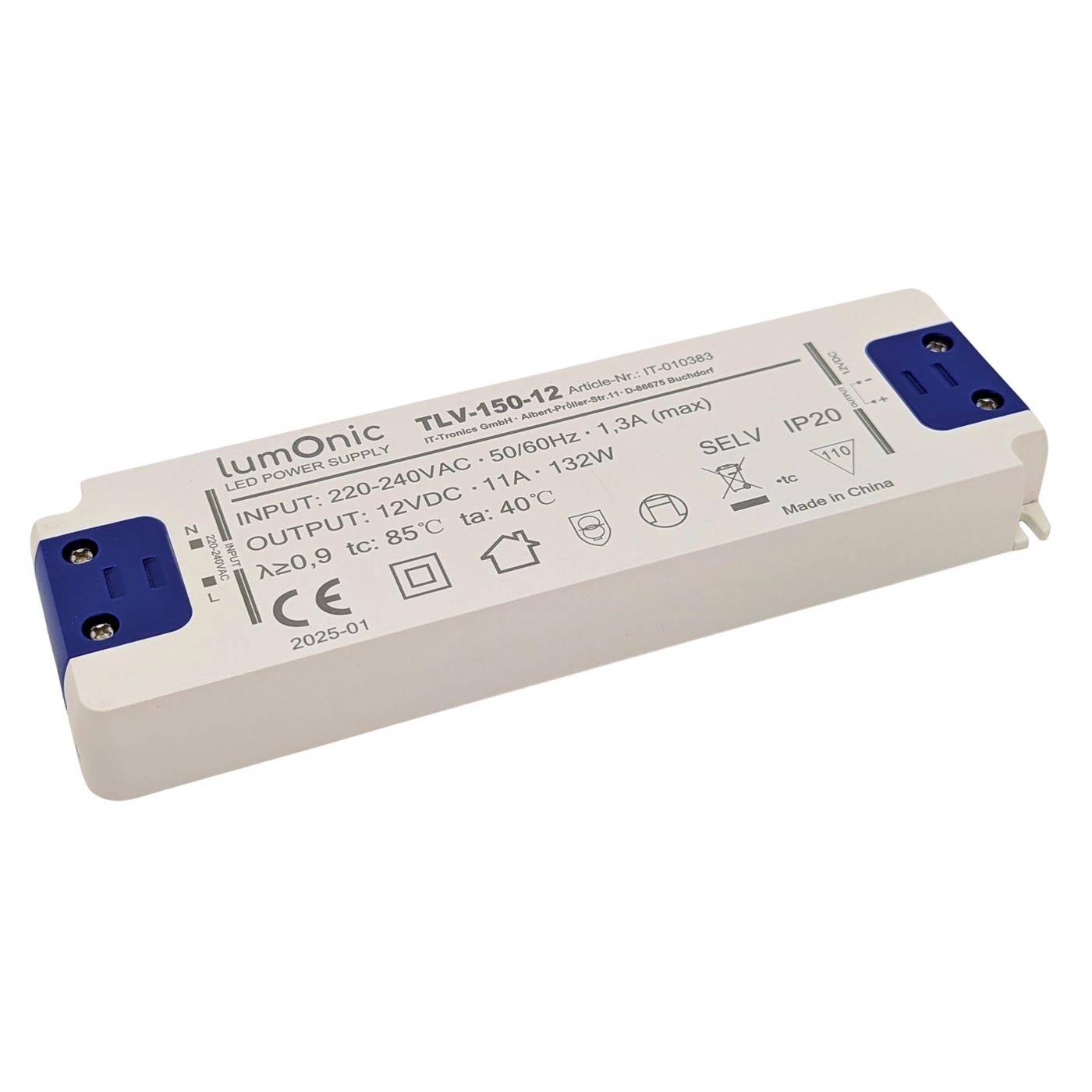 Lumonic I LED transformer TLV-150-12 I 12V 132W I Input 220-240VAC I flicker-free I Overload protection I LED power supply unit I for LED lighting