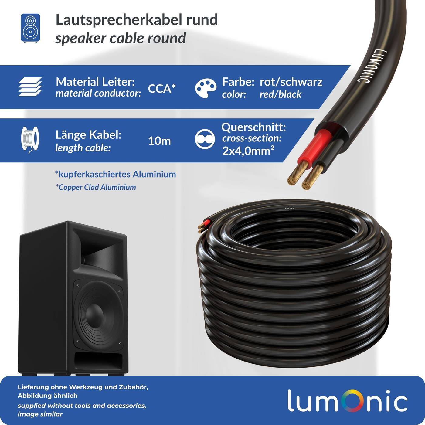 Lumonic Lautsprecherkabel 10m Schwarz  | 2x 4mm² CCA | HiFi Boxenkabel | Audio Rundkabel | Profi PA Installations- Audio- Rundkabel