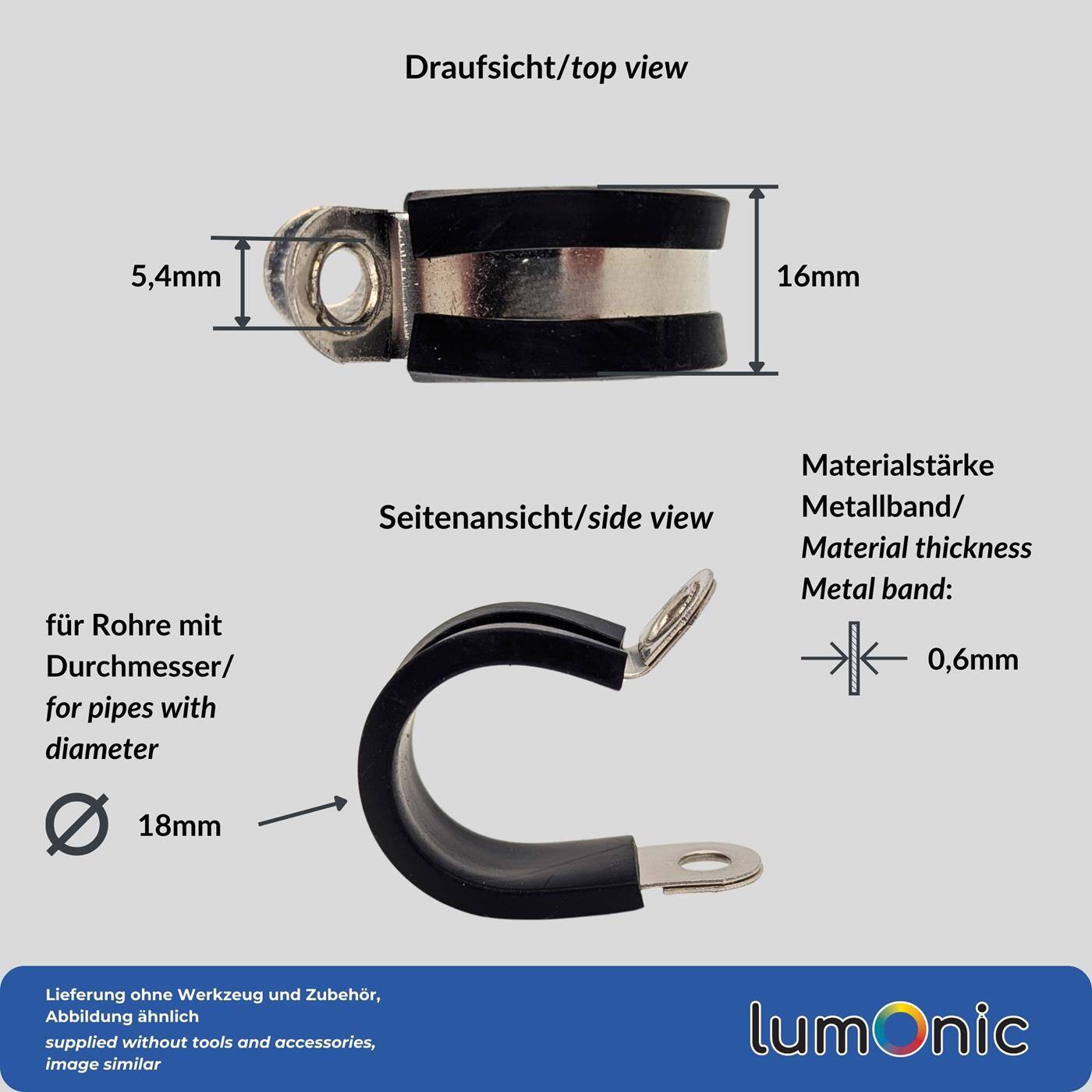 Lumonic 10x 18mm Rohrschellen mit Gummieinlage Edelstahl V2A I Kabelschellen zum Schrauben I Schlauchschelle 18mm, Rohrschellen, Befestigungsschelle 18mm, Rohrhalterung