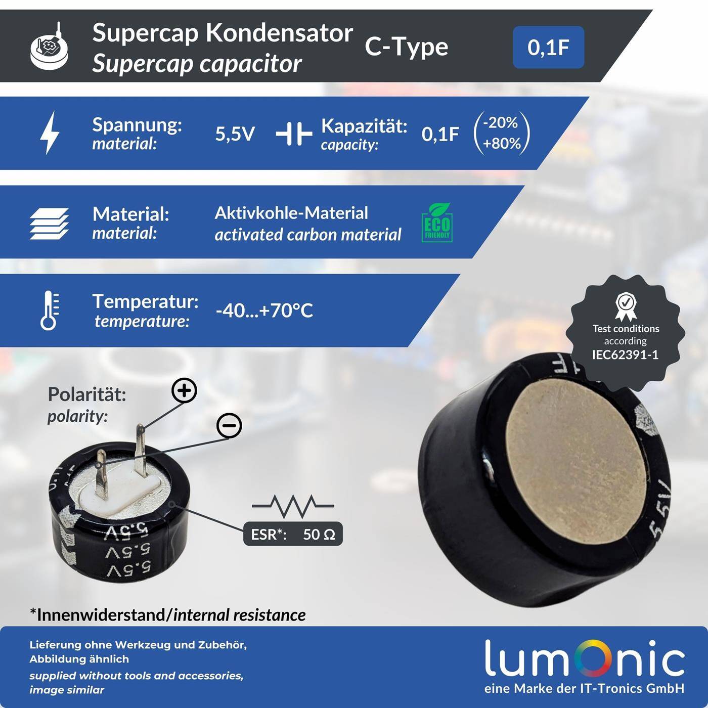 Supercap 0,1F 5,5V C-Type, direkt einsetzbarer EDLC, hohe Kapazität, 5,5V Monoblock - kein Balancing notwendig, Flackerschutz, Backup, SPS, Heizung