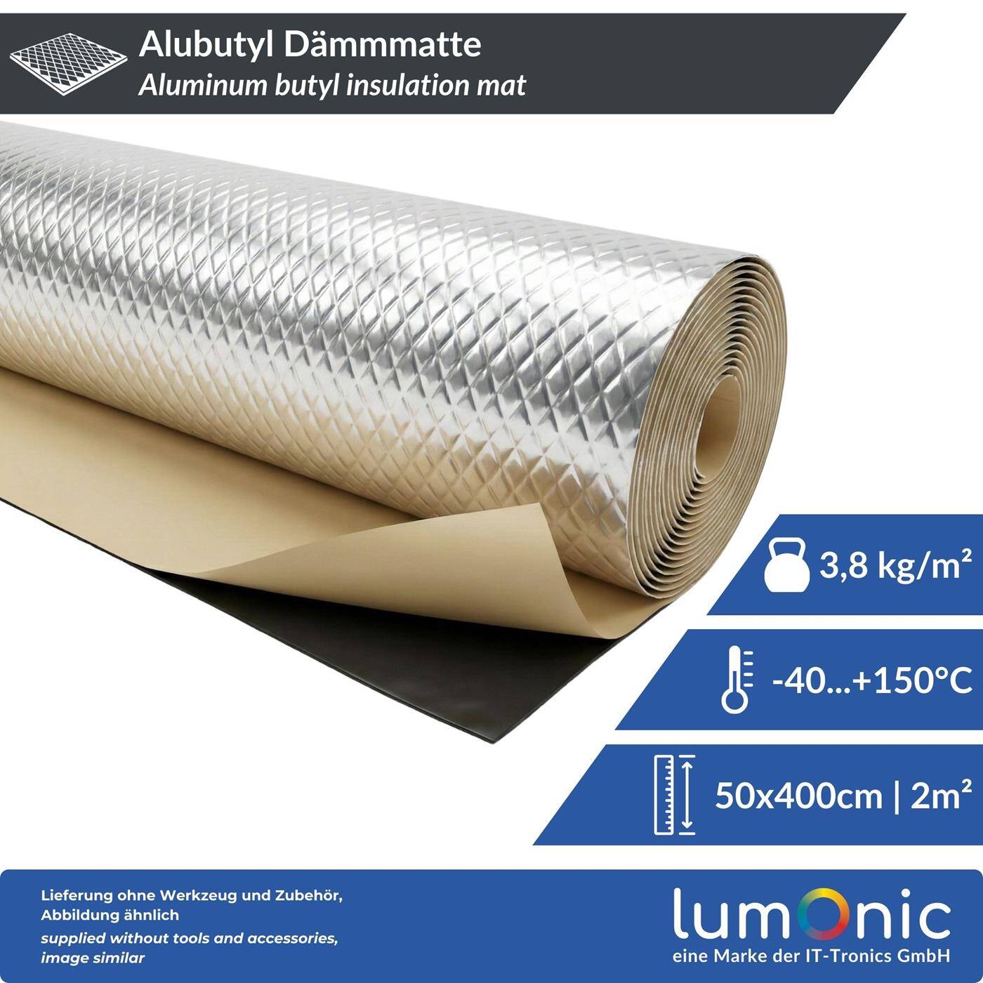 Lumonic Alubutyl 2mm Insulating mat 2m² | Sound insulation, soundproofing for motor vehicles | 50x400cm Self-adhesive | Anti drone mat | 100% Butyl no bitumen | Odorless