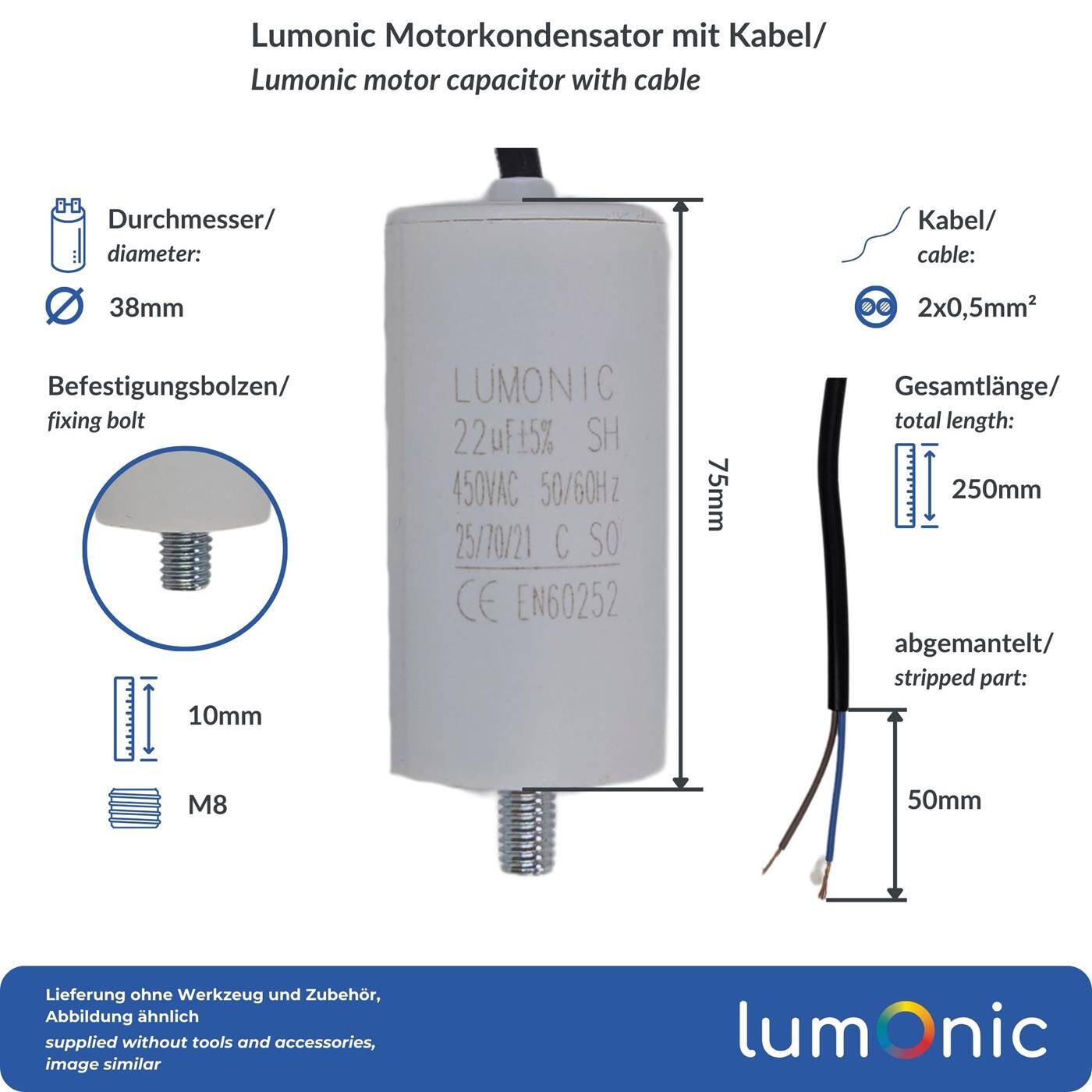 Lumonic Anlaufkondensator 22µF 450V | mit Kabel I 38x75mm I 22uF I Motorkondensator mit Kunststoffgehäuse I Betriebskondensator I für Pumpen, Rasenmäher, Werkzeuge