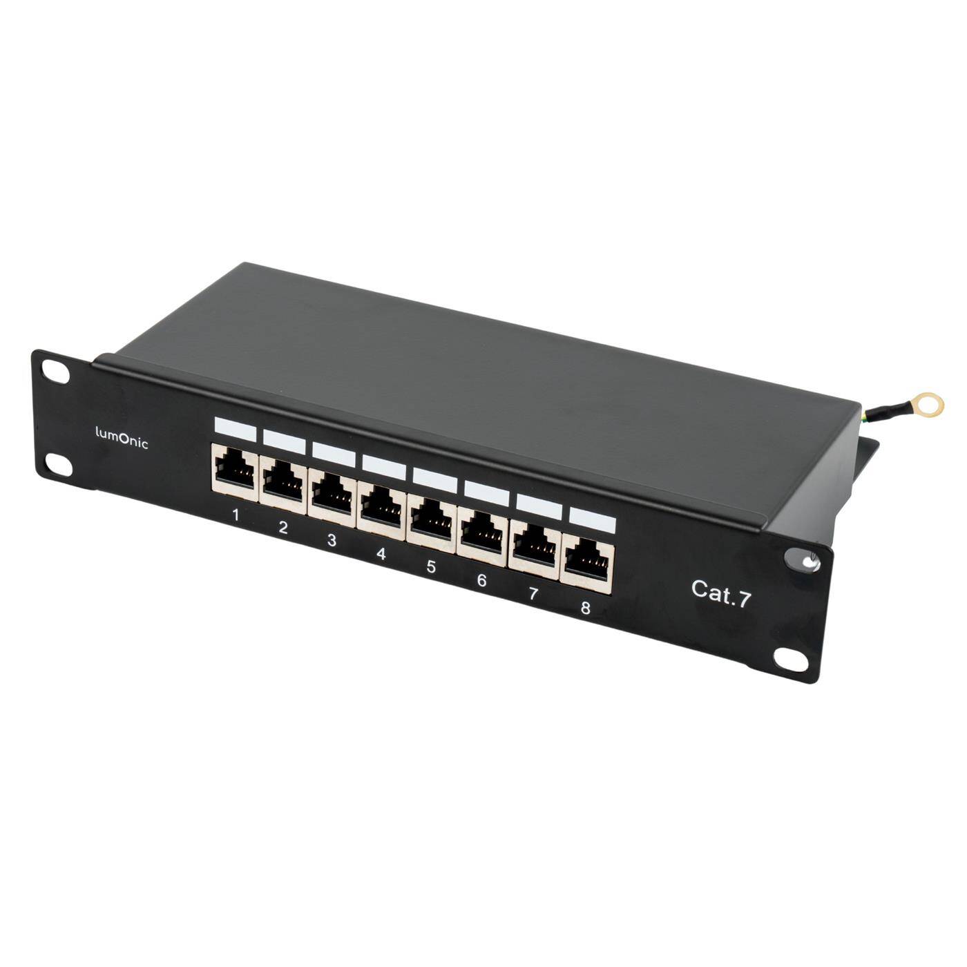 10" Patch panel CAT7, 8 Port, 1U with labeling field, LSA mounting, T568A/B color-coded, Rack mounting, Shielded, black patch panel, Cable management, 10 Gbit/s PoE