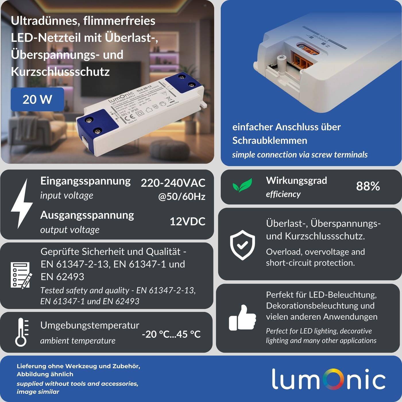 Lumonic I LED transformer TLV-20-12 I 12V 20W I Input 220-240VAC I flicker-free I Overload protection I LED power supply unit I for LED lighting