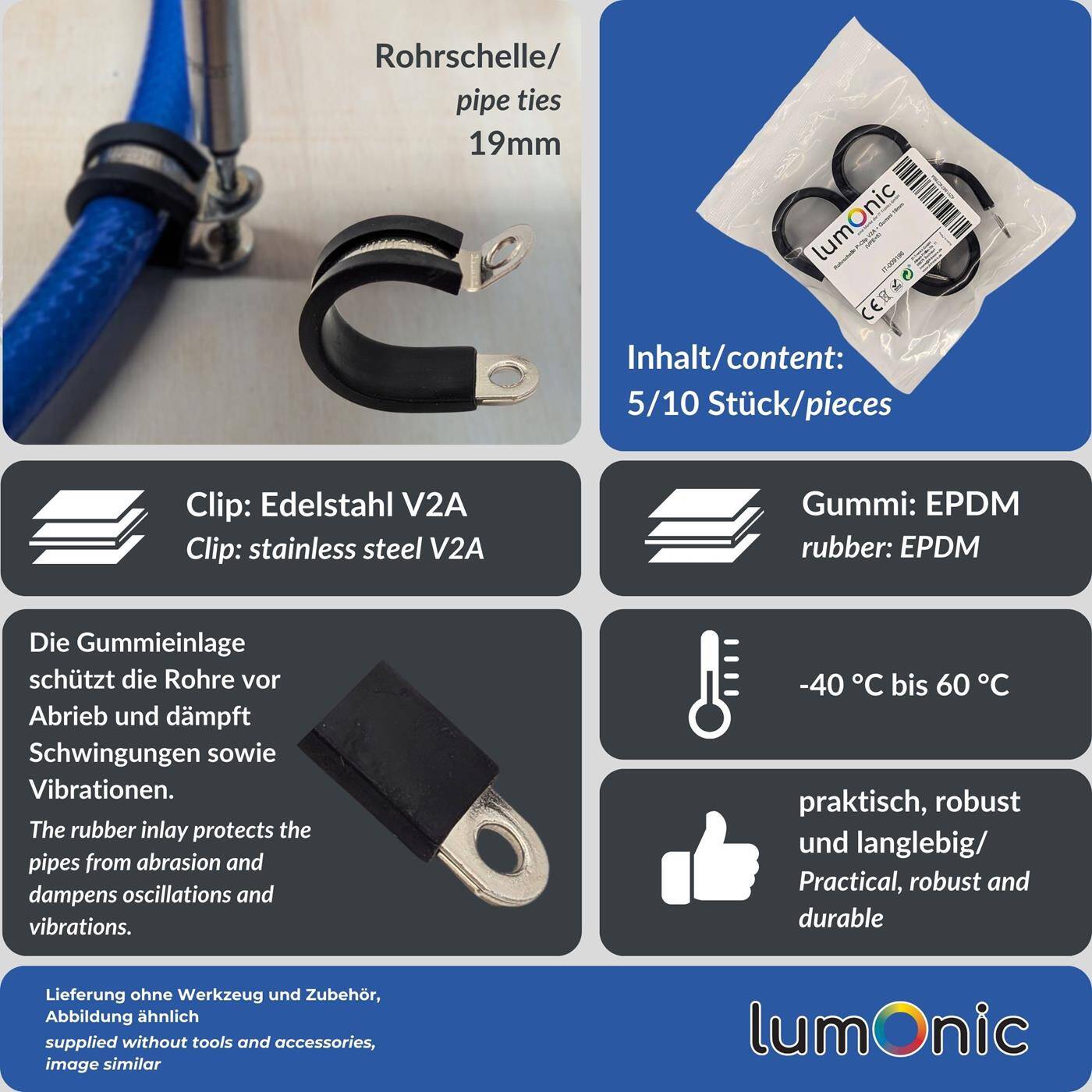 Lumonic 5x 19mm Rohrschellen mit Gummieinlage Edelstahl V2A I Kabelschellen zum Schrauben I Schlauchschelle 19mm, Rohrschellen, Befestigungsschelle 19mm, Rohrhalterung