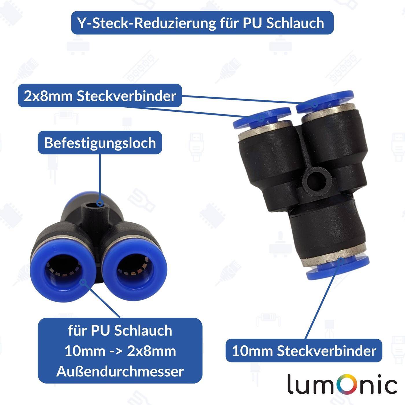 PU hose Y-connector reduction 10mm -> 2x8mm Y-piece Push-in Pneumatic plug connector Y-distributor reducing Compressed air