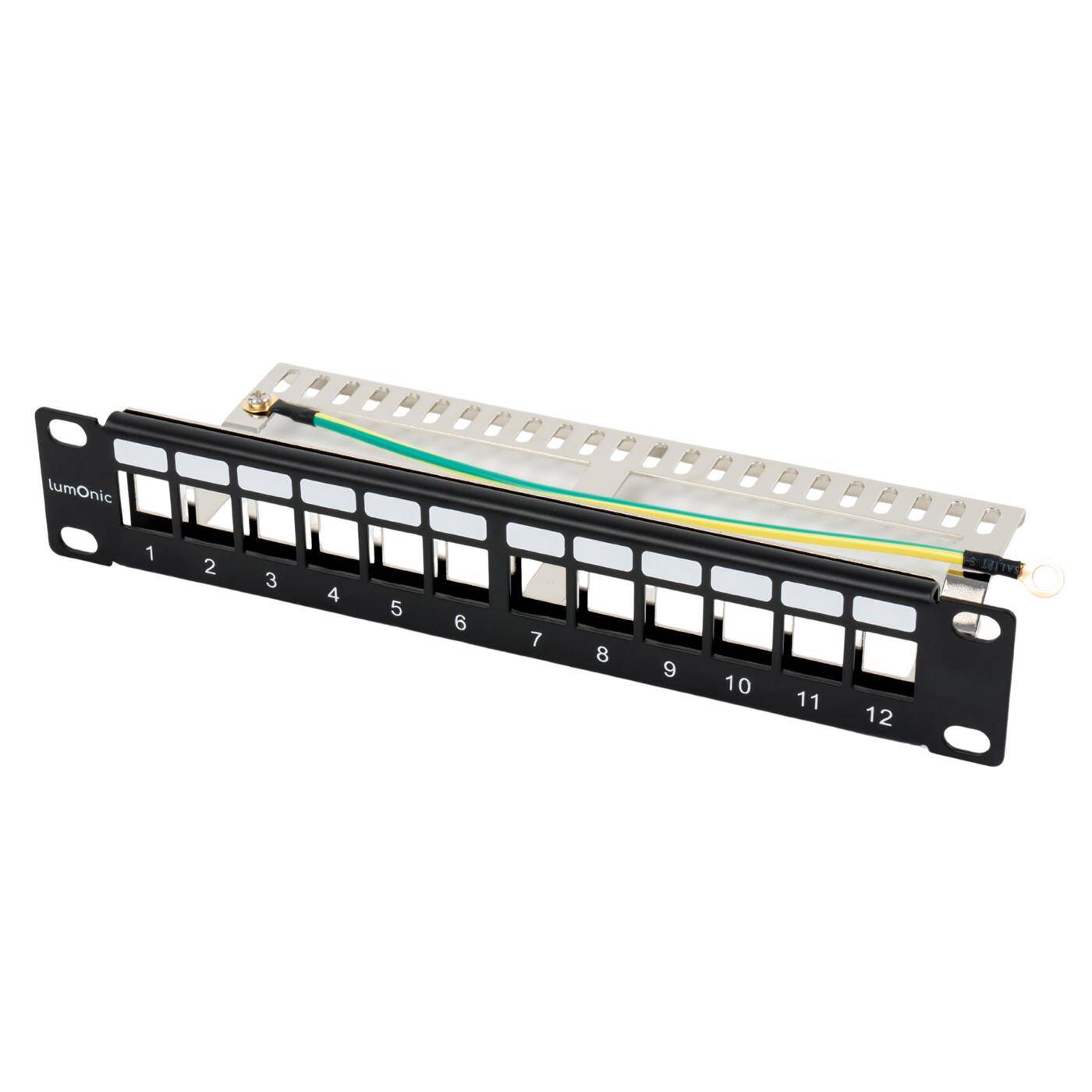 10" Patch panel Keystone module carrier, 12 Port, 1U with labeling field, Flexibly expandable, Rack mounting, Black patch panel with earthing cable, Cable management, compatible with CAT6/6a/7 keystones