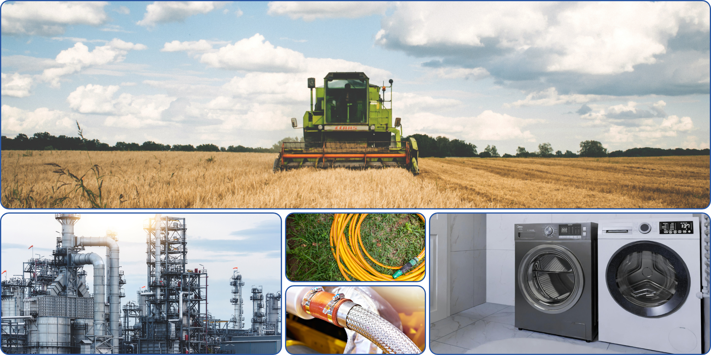 Bildcollage, die einen grünen Mähdrescher auf einem Weizenfeld, eine Industrieanlage mit Schornsteinen, aufgerollte orangefarbene Rohre auf Gras mit Schlauchschellen als Verbindungsstück, einen metallischen Schlauchverbinder sowie eine moderne Waschmaschi