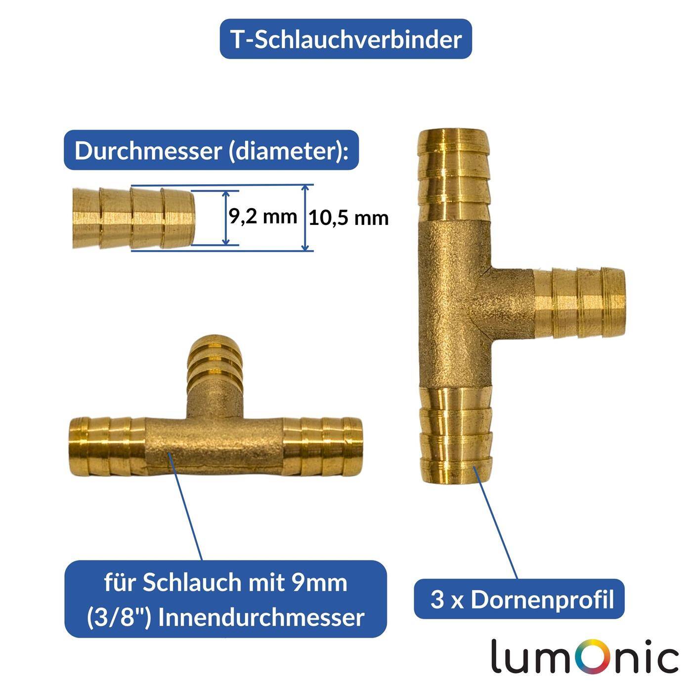 Lumonic I T-hose connector I for 9mm (3/8") hose I made of brass I T-connector I T-piece I with spike profile I Compressed air I for workshops, businesses and DIY enthusiasts