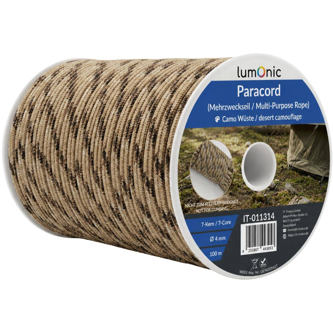 Lumonic 100m Paracord 4mm Camo desert | 100% nylon | 7 cores, 32 strand sheath | Max. 125 kg load capacity | dog leash, bracelet, outdoor, bushcraft, tent cord