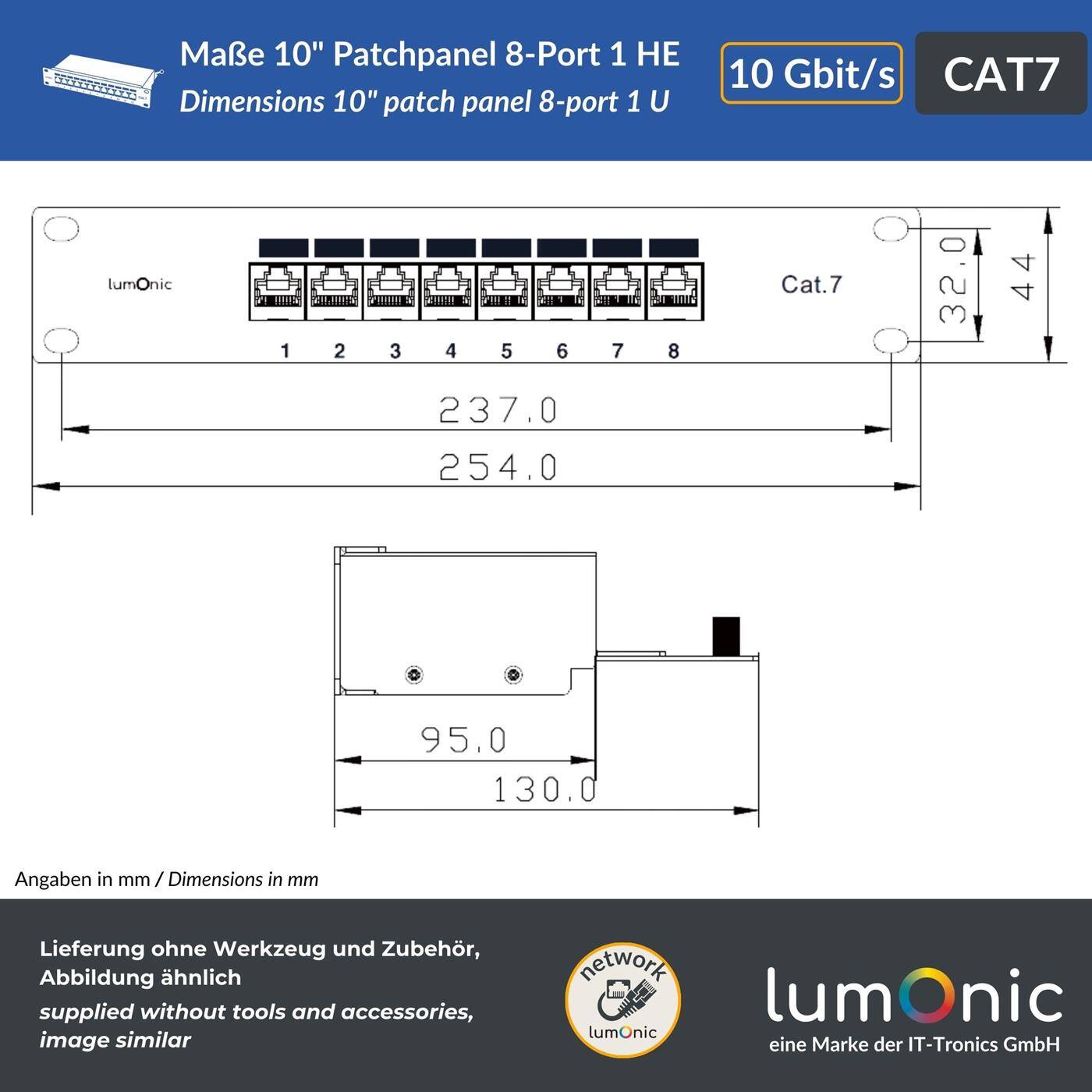 Lumonic 10" Patch panel CAT7 | 8 Port, 1U with labeling field | LSA mounting, T568A/B color-coded | Rack mounting | Shielded, black patch panel | Cable management | 10 Gbit/s PoE