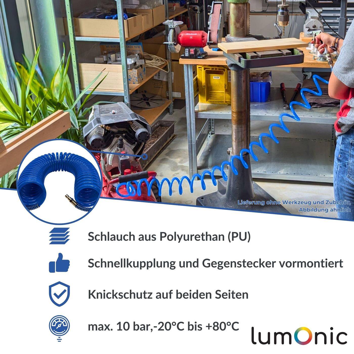 Lumonic I PU Spiralschlauch mit Schnellkupplung I 6,5mm/10mm I 5m I für Kompressoren und Druckluftwerkzeuge I flexibel, abriebfest I Druckluftverlängerung I Dose & Stecker
