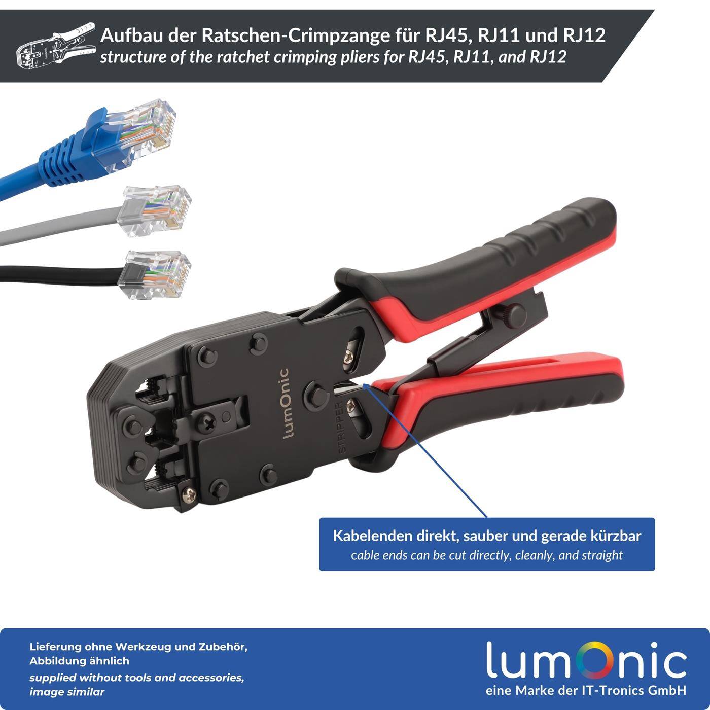 Lumonic Ratchet Crimping Pliers for RJ45, RJ11, and RJ12 - Ratchet mechanism, metal body, RJ45, RJ11, and RJ12, for all CAT classes, network and telephone