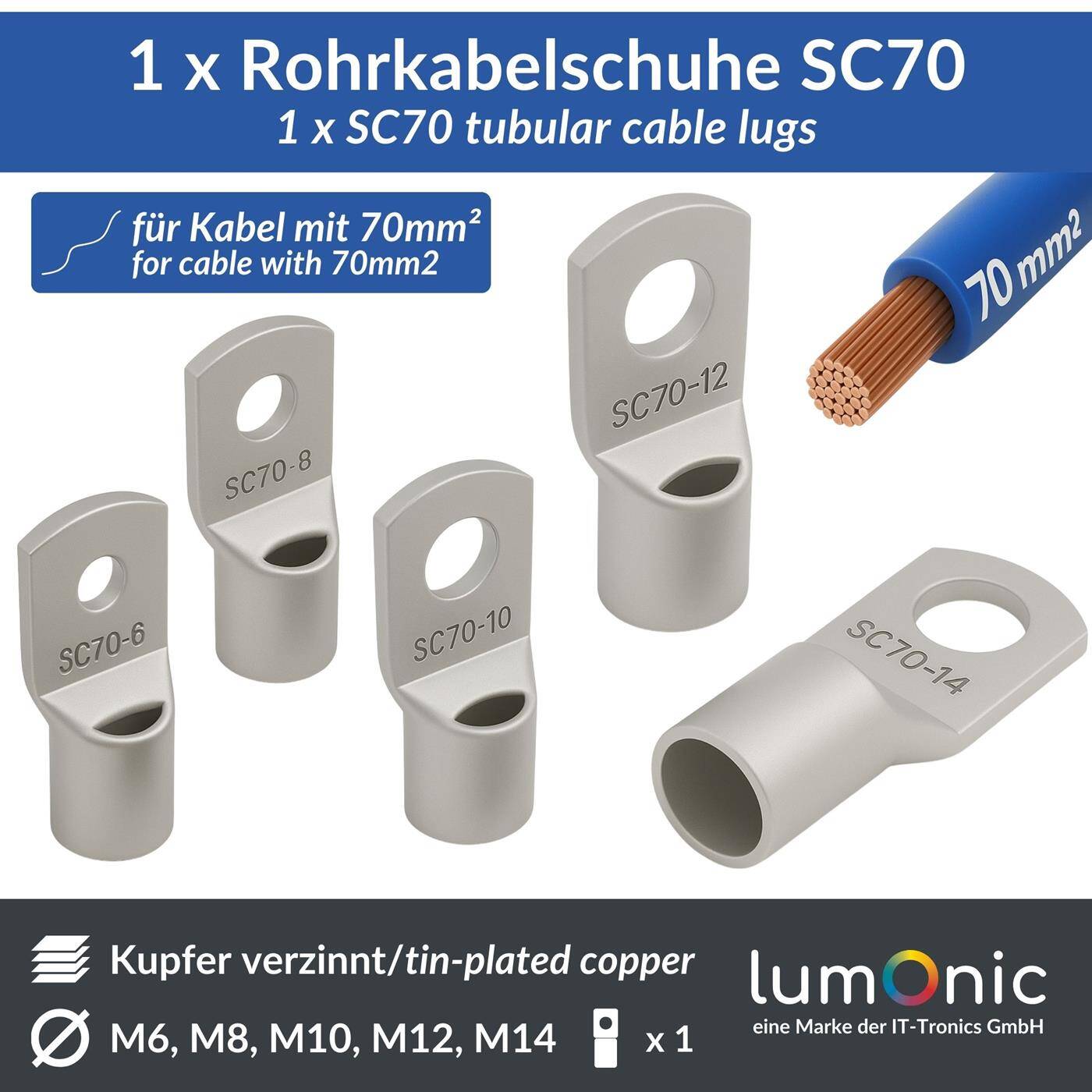 Rohrkabelschuh blank 70mm² Lochdurchmesser M6 SC70-6 Ringzunge Kupfer verzinnt