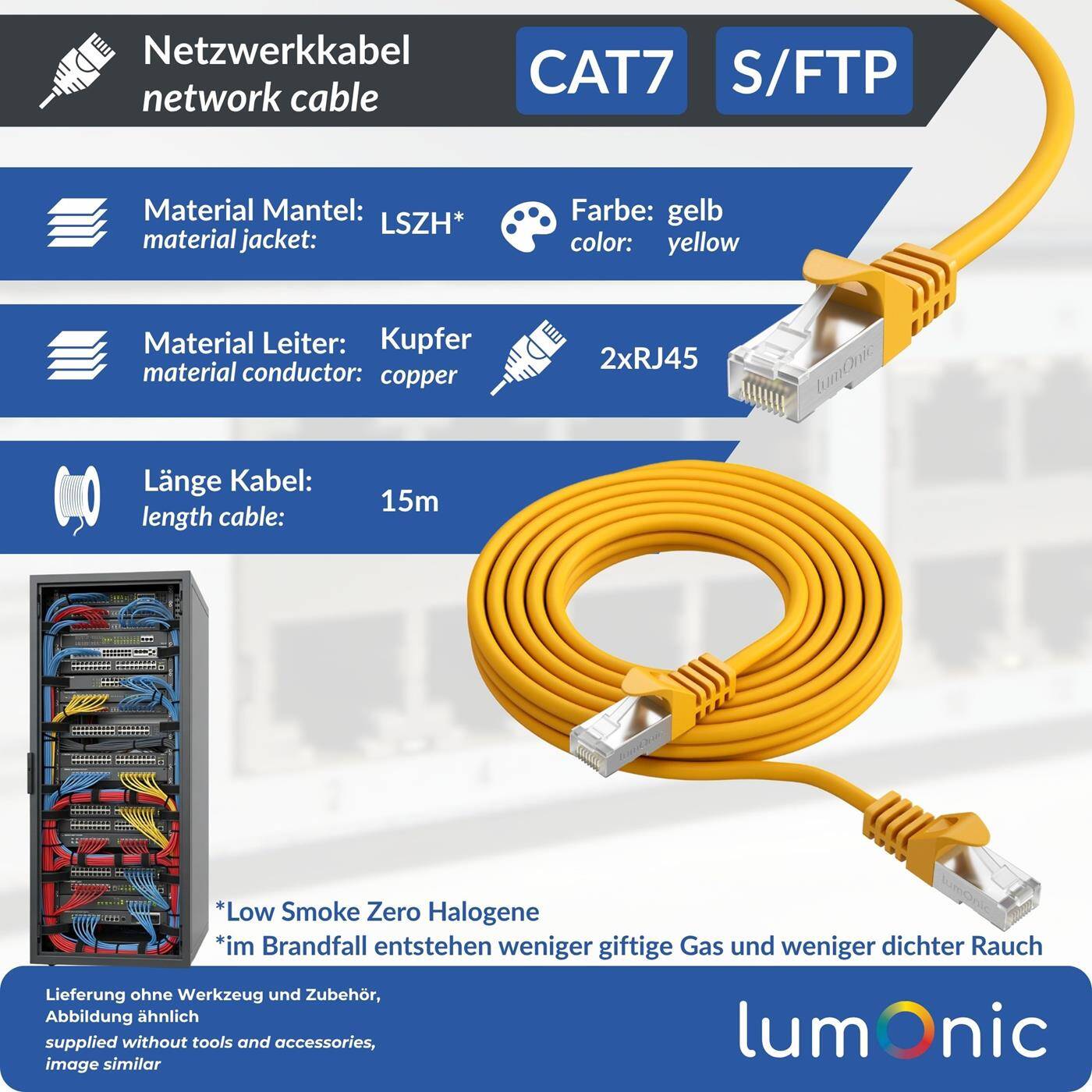 Lumonic CAT7 Patch Cable S/FTP 15m | RJ45 | Yellow | Ethernet LAN | Network cable