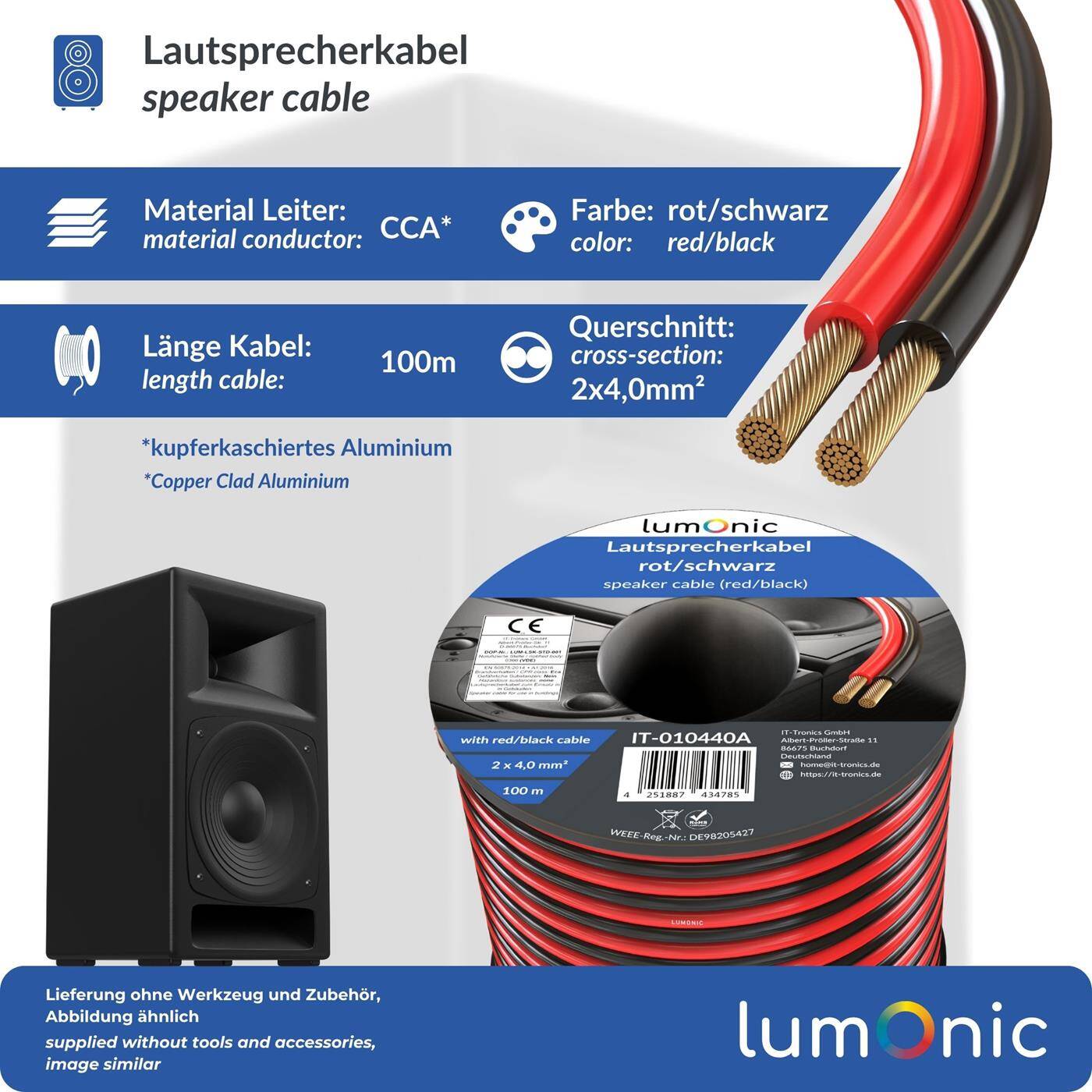 100m Speaker cables 2x 4mm² Red Black CCA HiFi speaker cable Audio twin line 100m Speaker cables 2x 4mm² Red Black CCA HiFi speaker cable Audio twin line