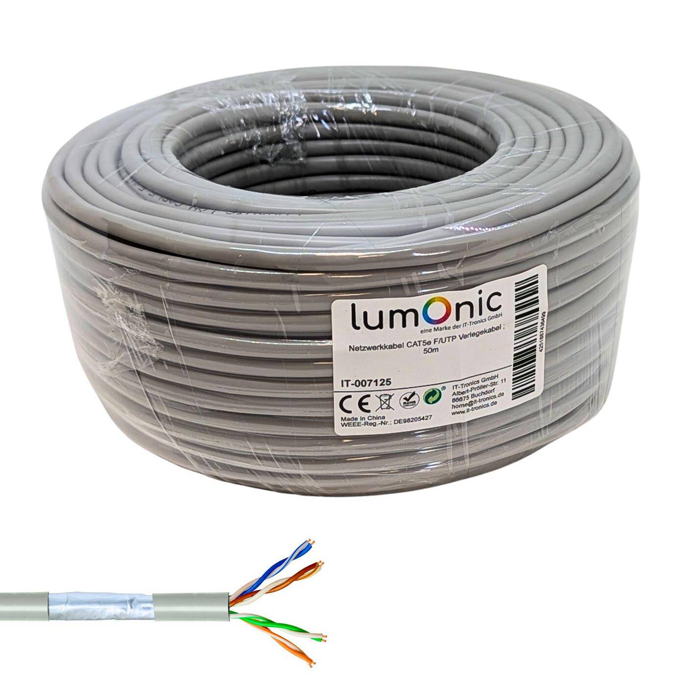 Lumonic 50m Netzwerkkabel CAT 5e F/UTP I CAT5e-kabel, Gigabit Lan Kabel, Ethernet Kabel I Flexibles Verlegekabel geschirmt, für den Innenbereich bis 100 MHz