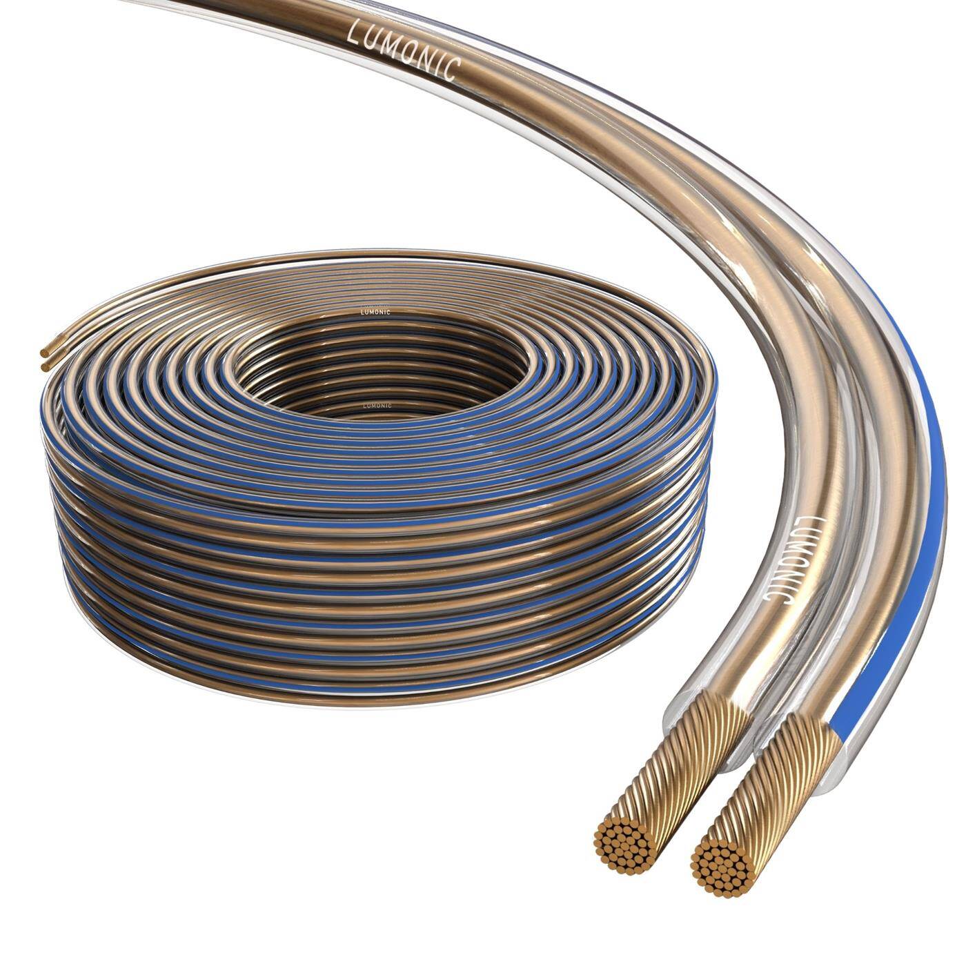 Lumonic Lautsprecherkabel | 50m Transparent | 2x 4mm² CCA | blaue Markierung HiFi Boxenkabel | Audio Zwillingsleitung