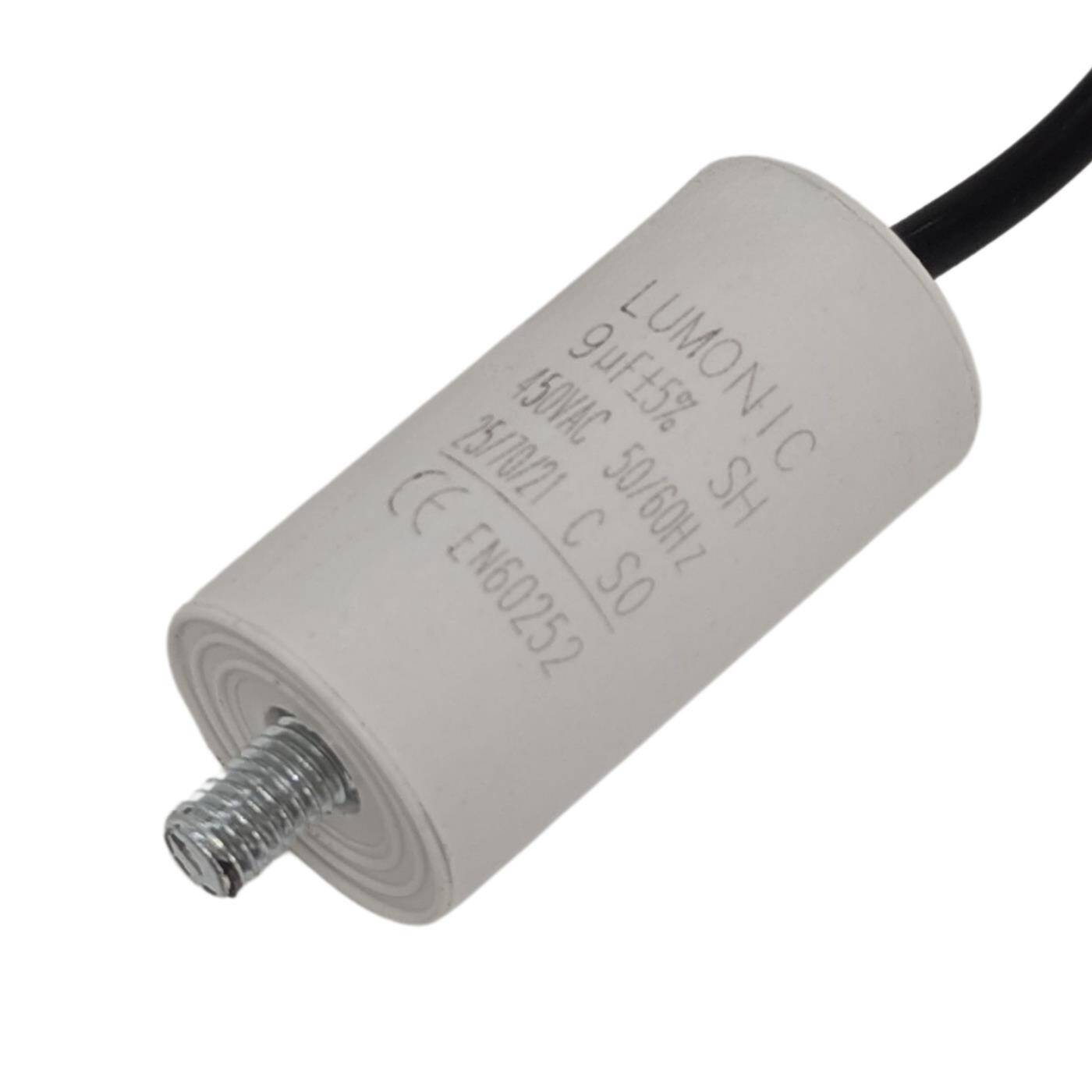 Anlaufkondensator 9µF 450V mit Kabel 25cm 30x60mm 9uF Motorkondensator mit Kunststoffgehäuse