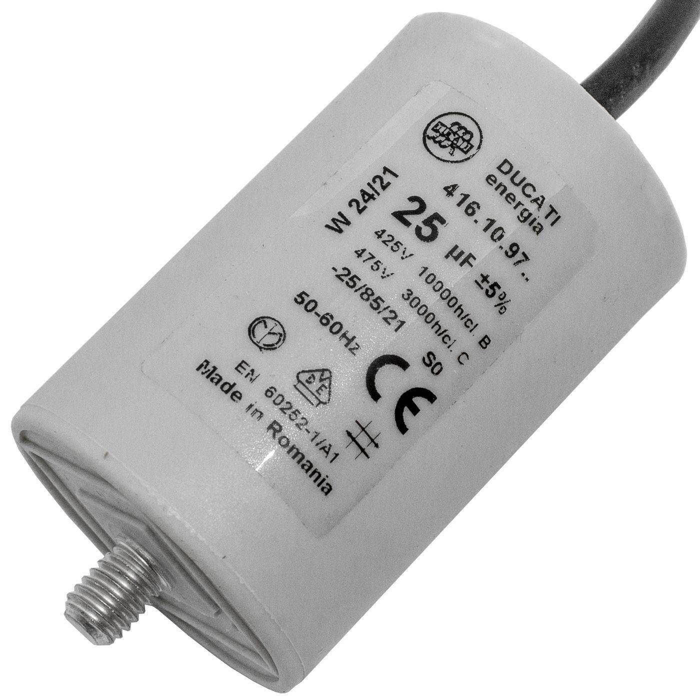 Starting capacitor Motor capacitor 25µF 425V 45x70mm Cable 35cm Ducati 416.10.97 B 25uF