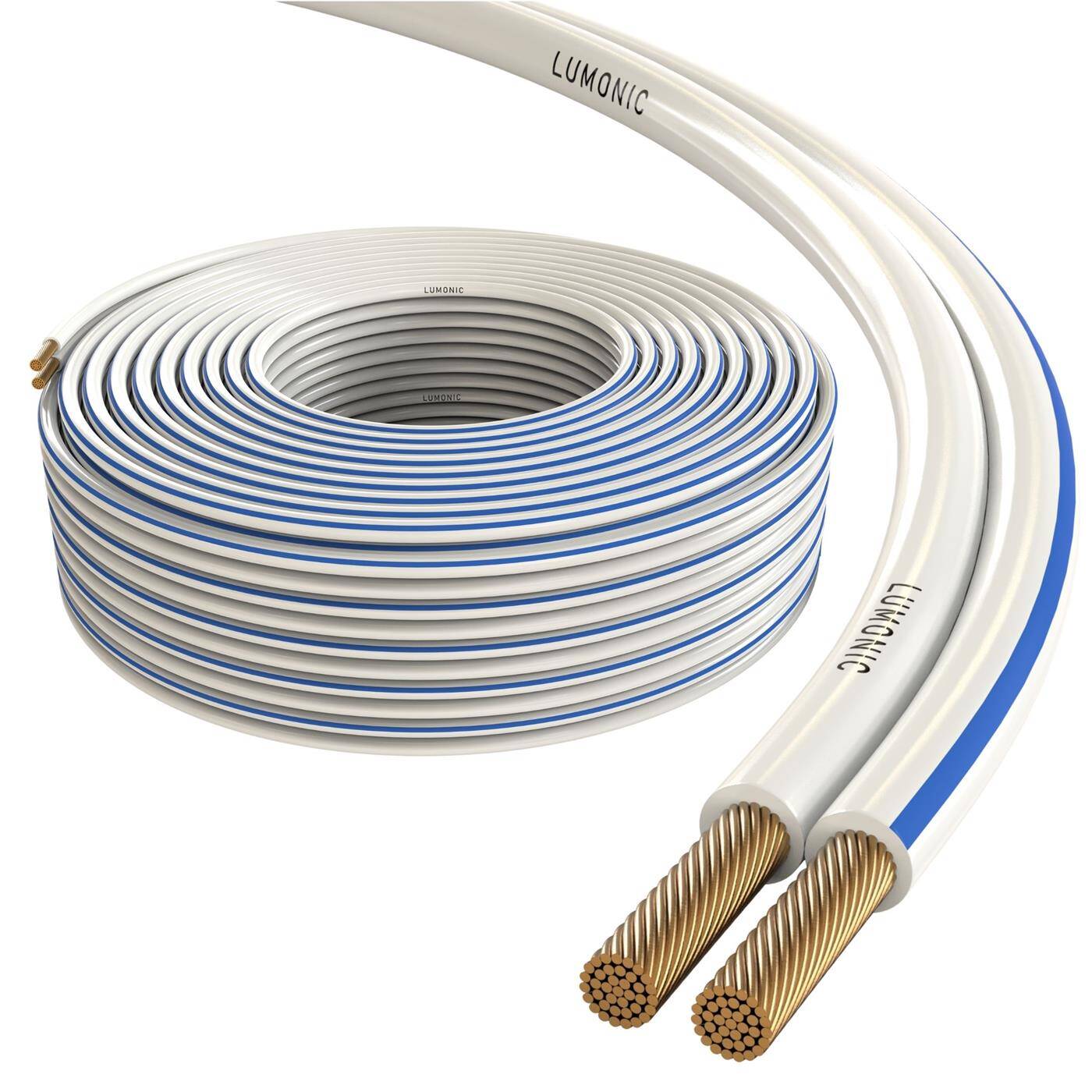 Lumonic Lautsprecherkabel | 50m Weiß | 2x 2,5mm² CCA | blaue Markierung HiFi Boxenkabel | Audio Zwillingsleitung