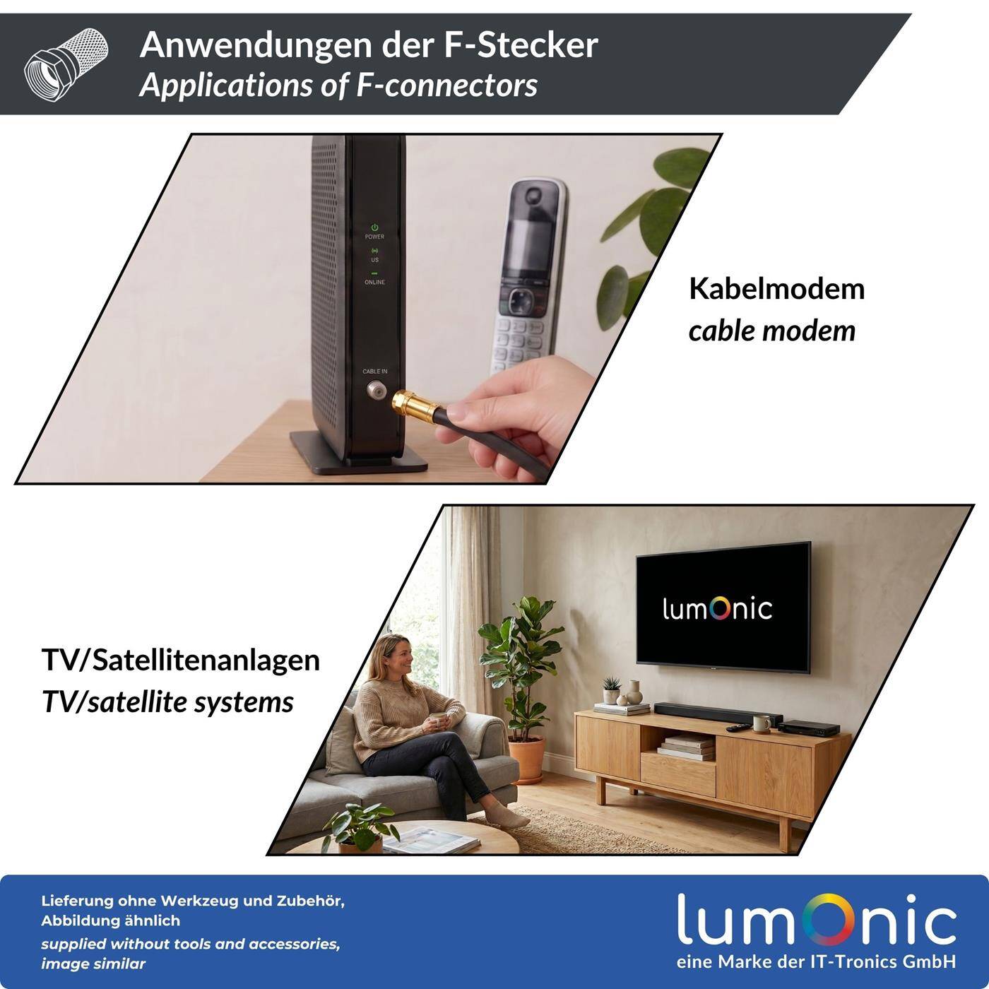 Lumonic 20 Stück F-Stecker 7mm schraubbar | vergoldet | Antennenstecker | Aufdrehstecker für Koaxialkabel, SAT Kabel, Antennenkabel, Kabelinternet