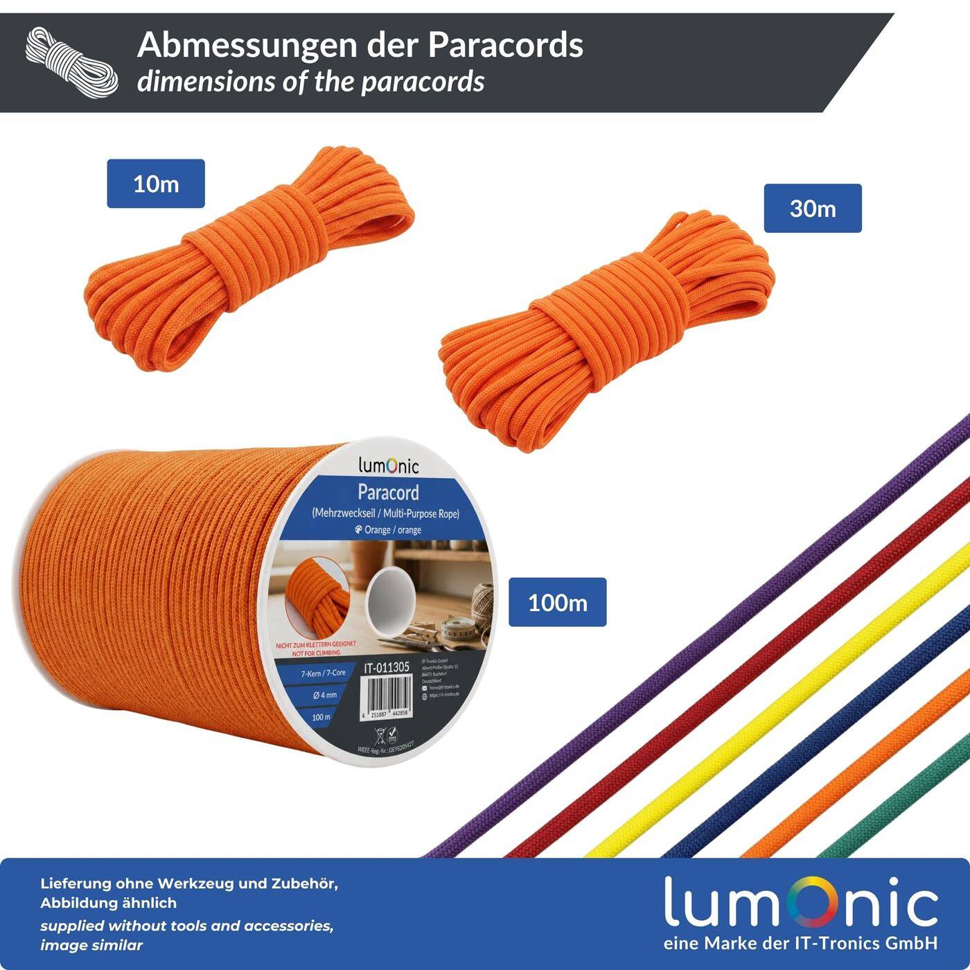 Lumonic 100m Paracord 4mm Brown | 100% nylon | 7 cores, 32 strand sheath | Max. 125 kg load capacity | dog leash, bracelet, outdoor, bushcraft, tent cord