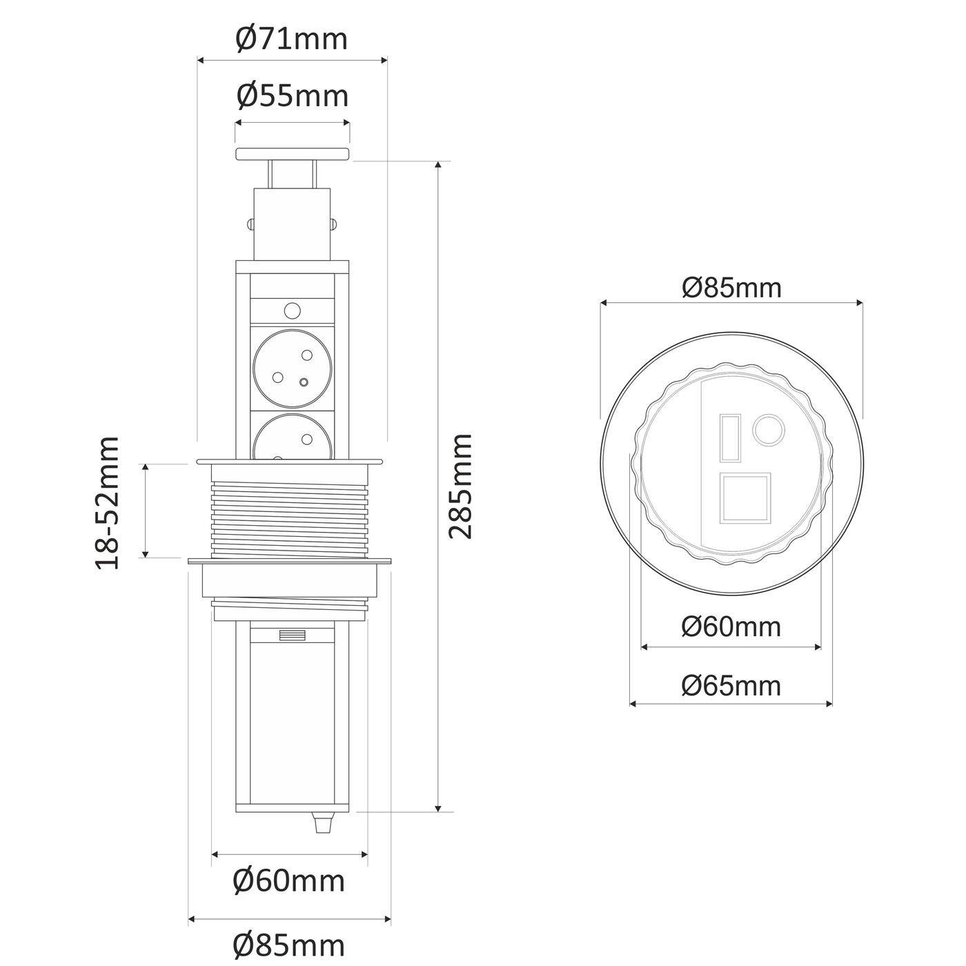 LiftBox 3x Schuko Steckdose Tischsteckdose Bohrloch 65mm Edelstahl