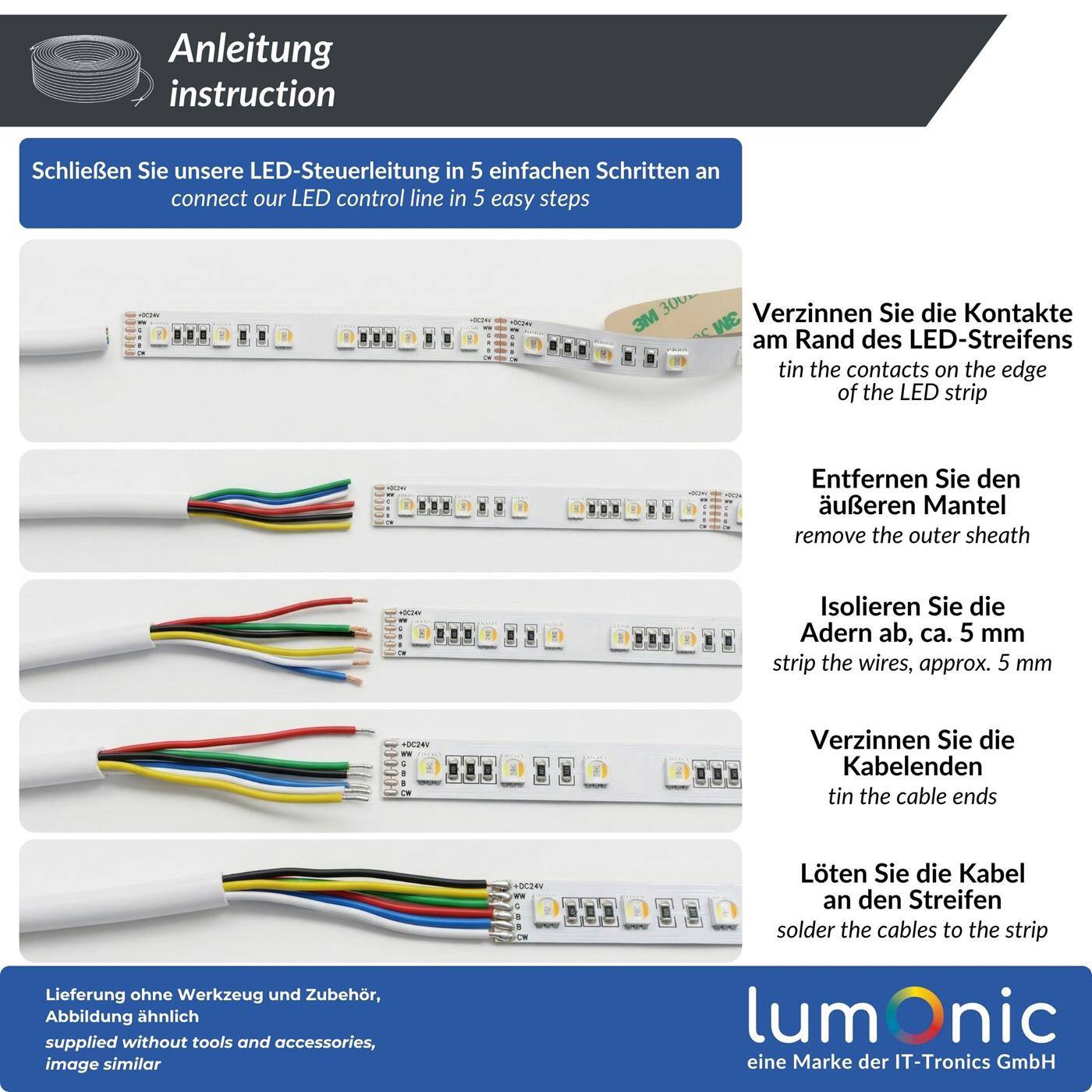 Lumonic 6x0,34mm² RGBW CCT LED Control line black 1m | sheathed 6-core flexible cable | LiYY Extension, Power cable, LED supply line, Control cable