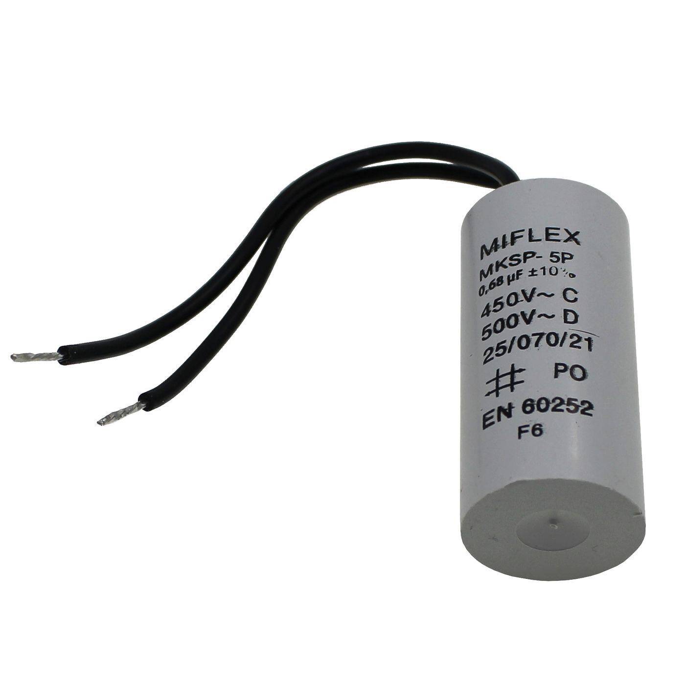 Anlaufkondensator Motorkondensator 0,68µF 450V 20x42mm Kabel 25cm Miflex 0,68uF