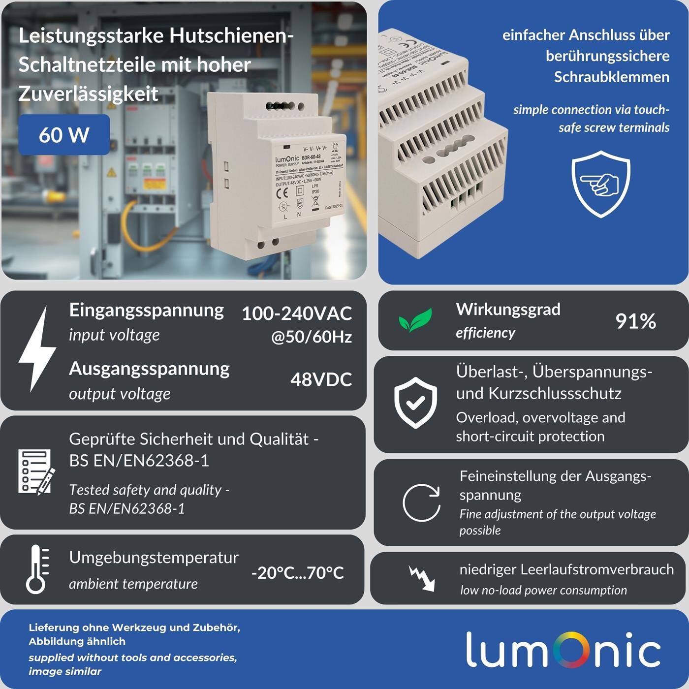 Lumonic I Netzteil Hutschiene BDR-60-48 I 48V / 60W I Input 100-240VAC I Überlastschutz & kurzschlussfest I DIN-Rail Schaltnetzteil I Schaltschrank & Verteilerkasten