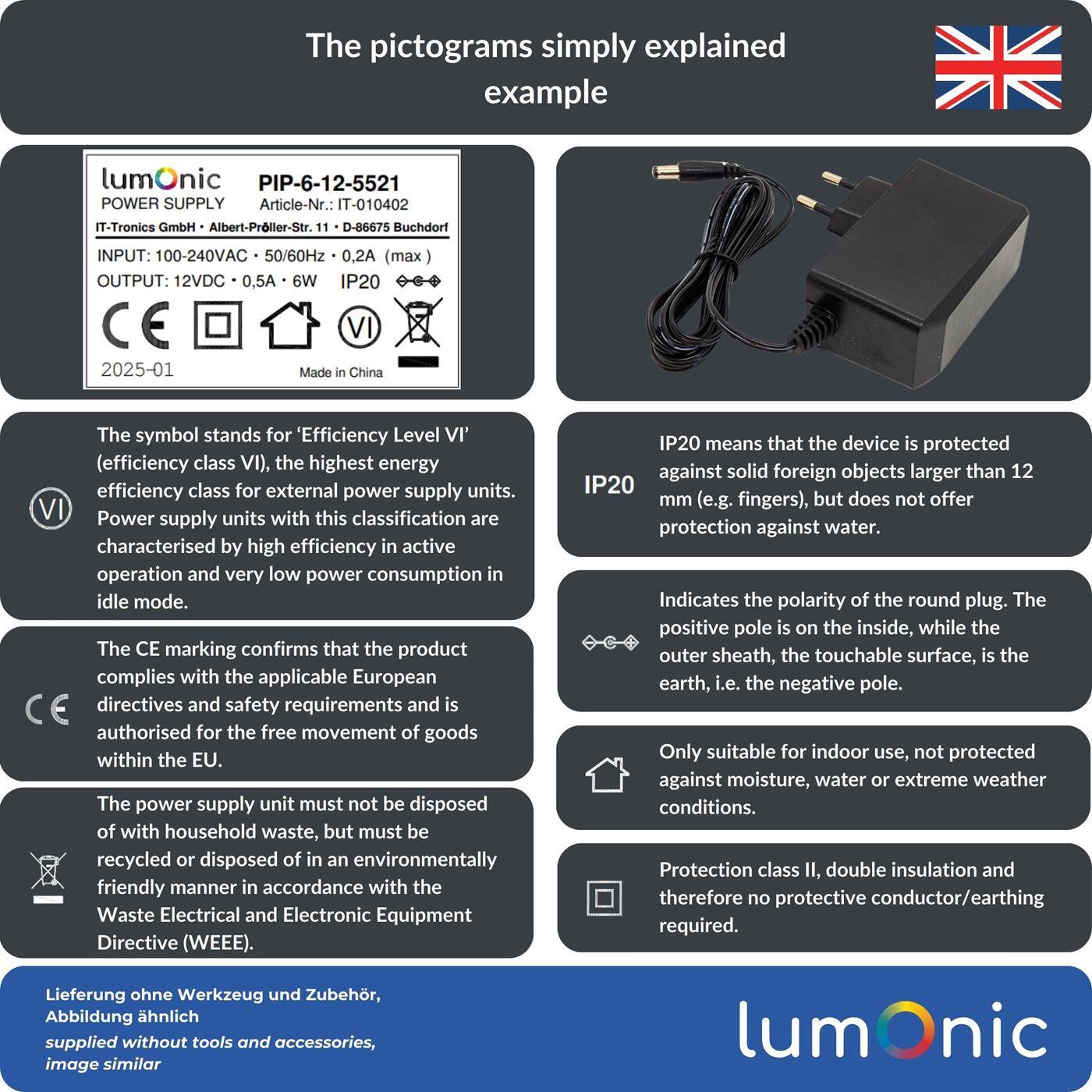 Lumonic I LED plug-in power supply PIP-12-12 I 12V 12W I Input 100-240VAC I Extra long cable with hollow plug 5,5/2,1 I Overload protection I universeller EU-Netzadapter I for LED strips