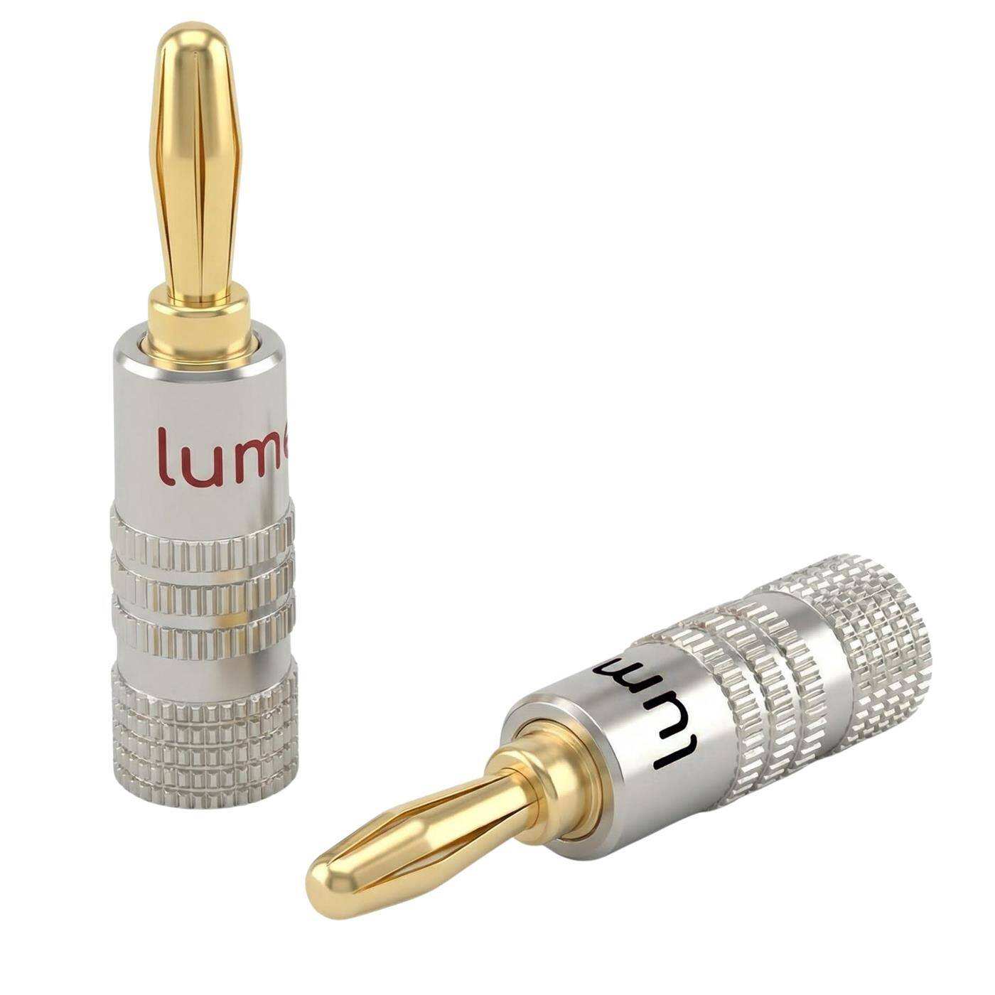 Set of 2 HiFi banana plugs silver, straight, screwable, gold-plated 4mm contacts, for 0.75mm²...4.0mm², Metal housing, for amplifier, loudspeaker, surround system