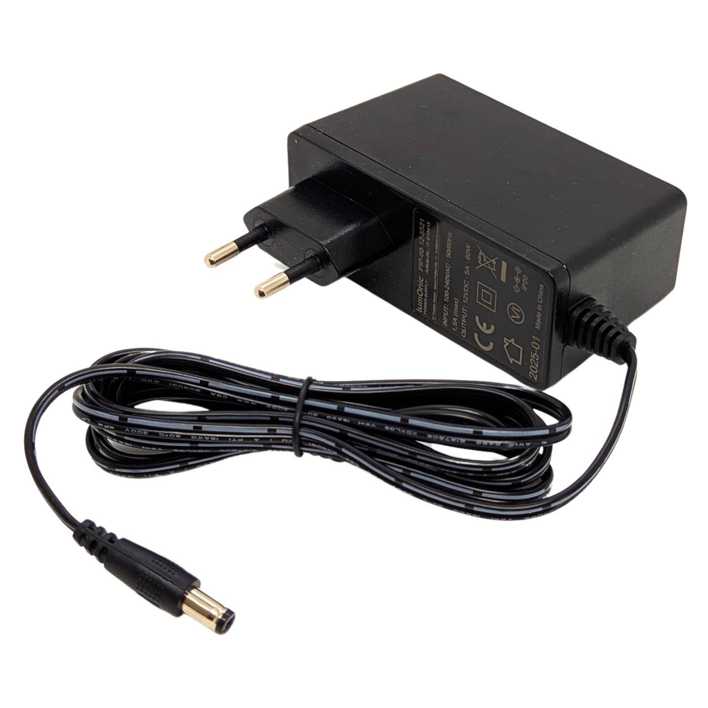 Lumonic I LED Steckernetzteil PIP-60-12 I 12V 60W I Input 100-240VAC I extra langes Kabel mit Hohlstecker 5,5/2,1 I Überlastschutz & effizient I universeller EU-Netzadapter I für LED-Streifen