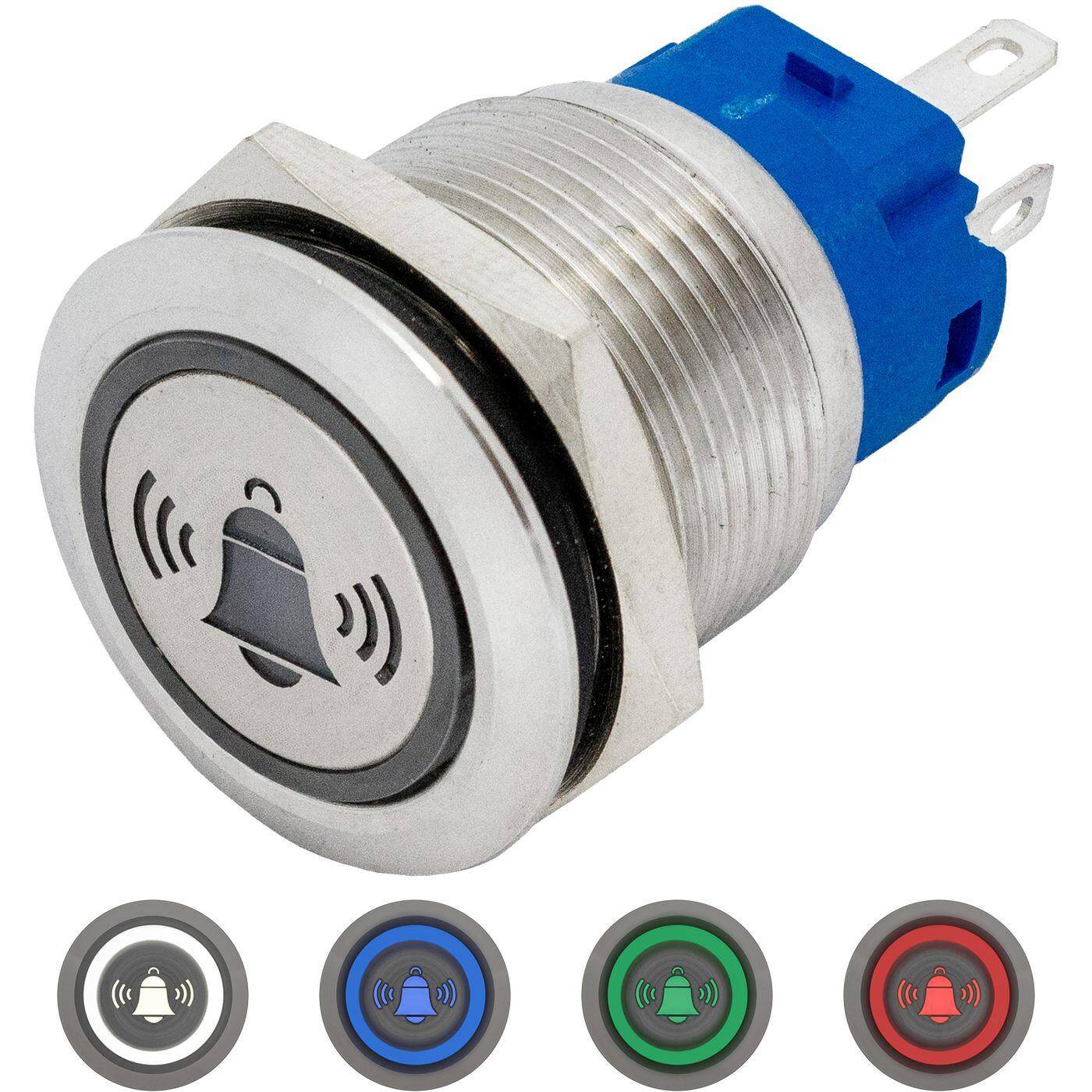 Lumonic Edelstahl Drucktaster flach 19mm Durchmesser I Mit einer Glocke LED in Kalt-Weiß Maße: 2,8x0,5mm Pin s 250V 3A I Vandalismussicher nach dem IP65 Standard
