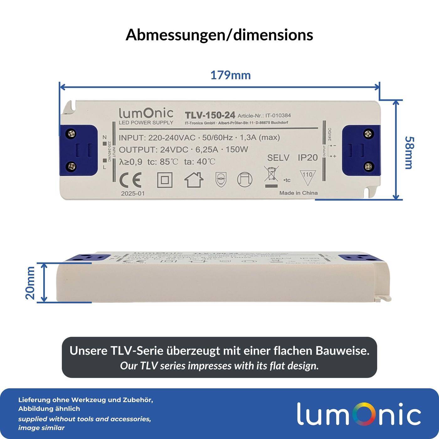Lumonic I LED Trafo TLV-150-24 I 24V 150W I Input 220-240VAC I flimmerfrei & ultradünn I Überlastschutz I LED-Netzteil I für LED-Beleuchtung & LED-Streifen